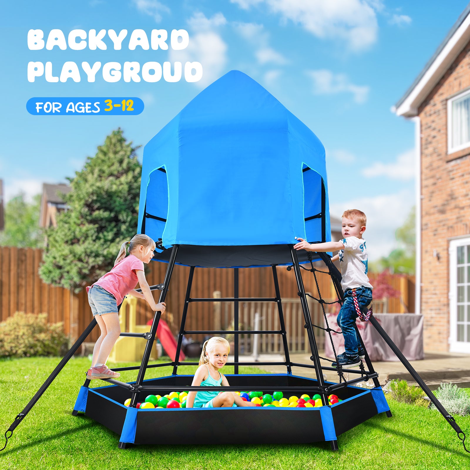Hapfan Jungle Gym with Platform and Tent, Climbing Toys with Monkey Bars for Kids Age 1-12