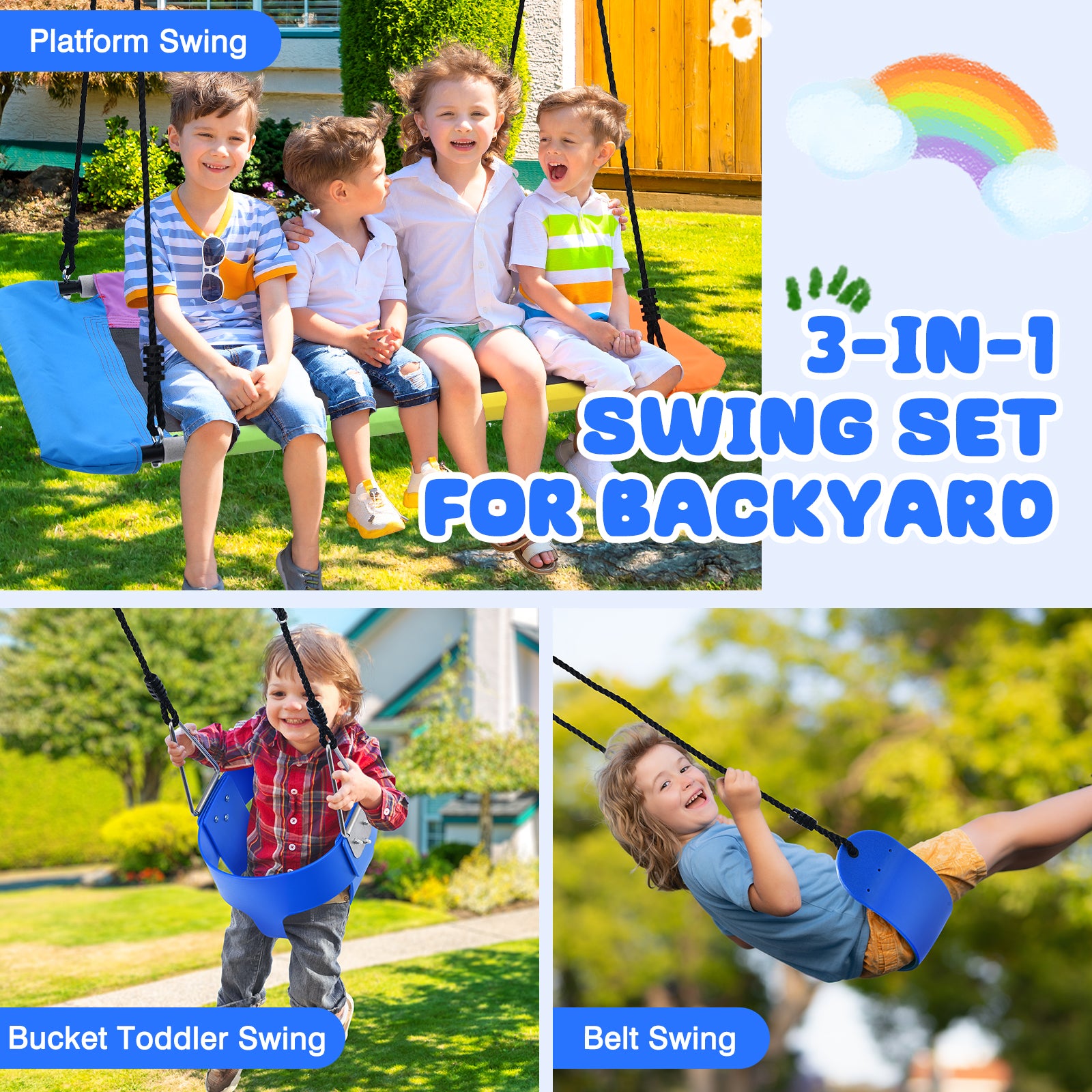 Swing Sets for Backyard with Toddler Swing, Belt Swing, Platform Swing,Swing Set Outdoor for Kids