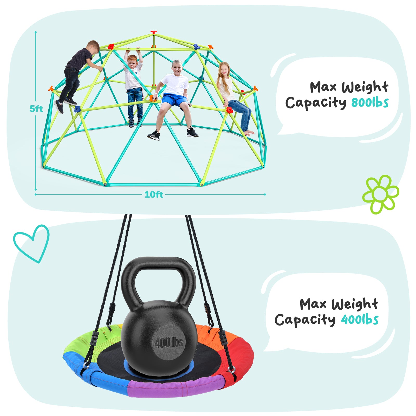 10ft Climbing Dome Swing Set with Saucer Swing, Jungle Gym for Kids Outdoor Backyard, Supports 800lbs
