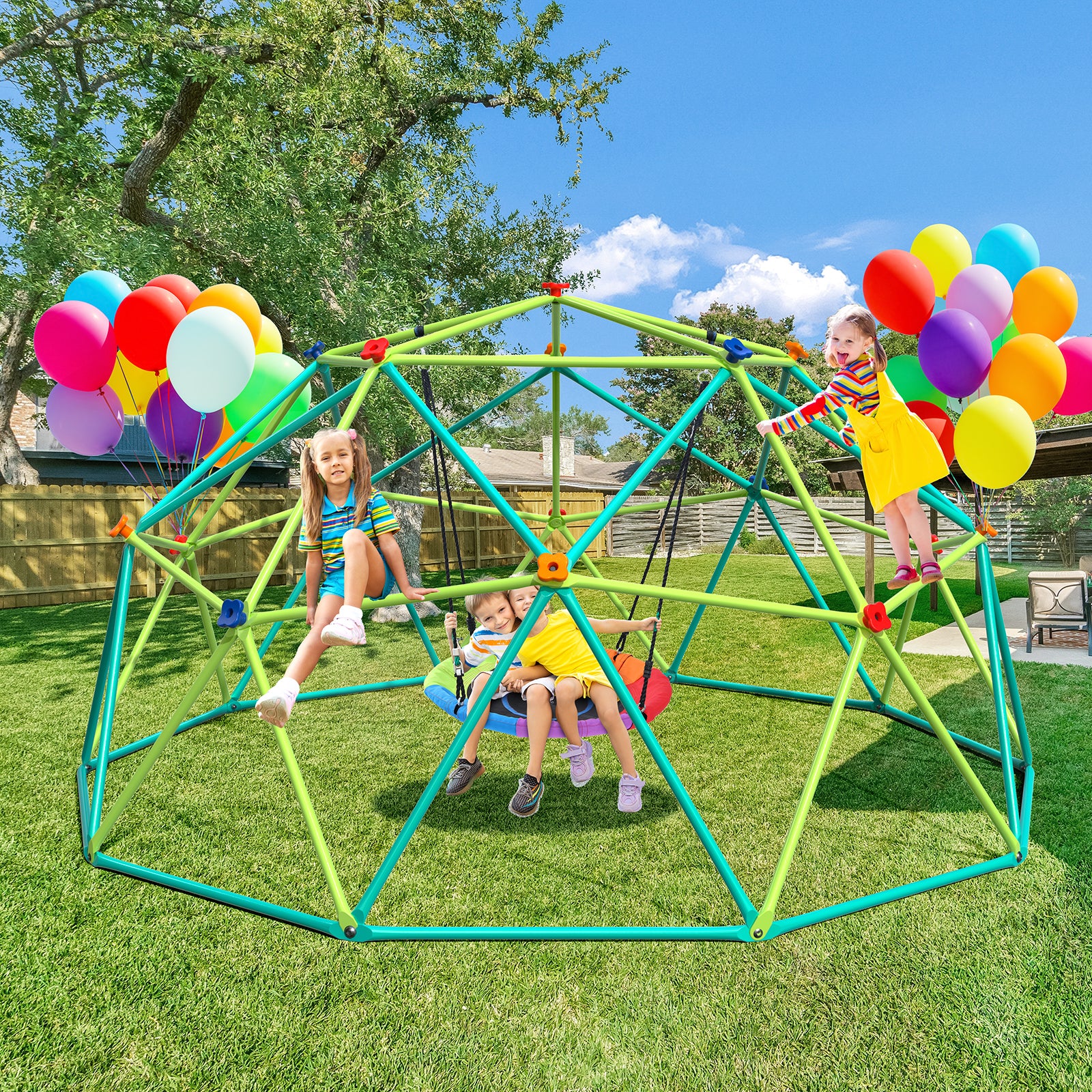 10ft Climbing Dome Swing Set with Saucer Swing, Jungle Gym for Kids Outdoor Backyard, Supports 800lbs