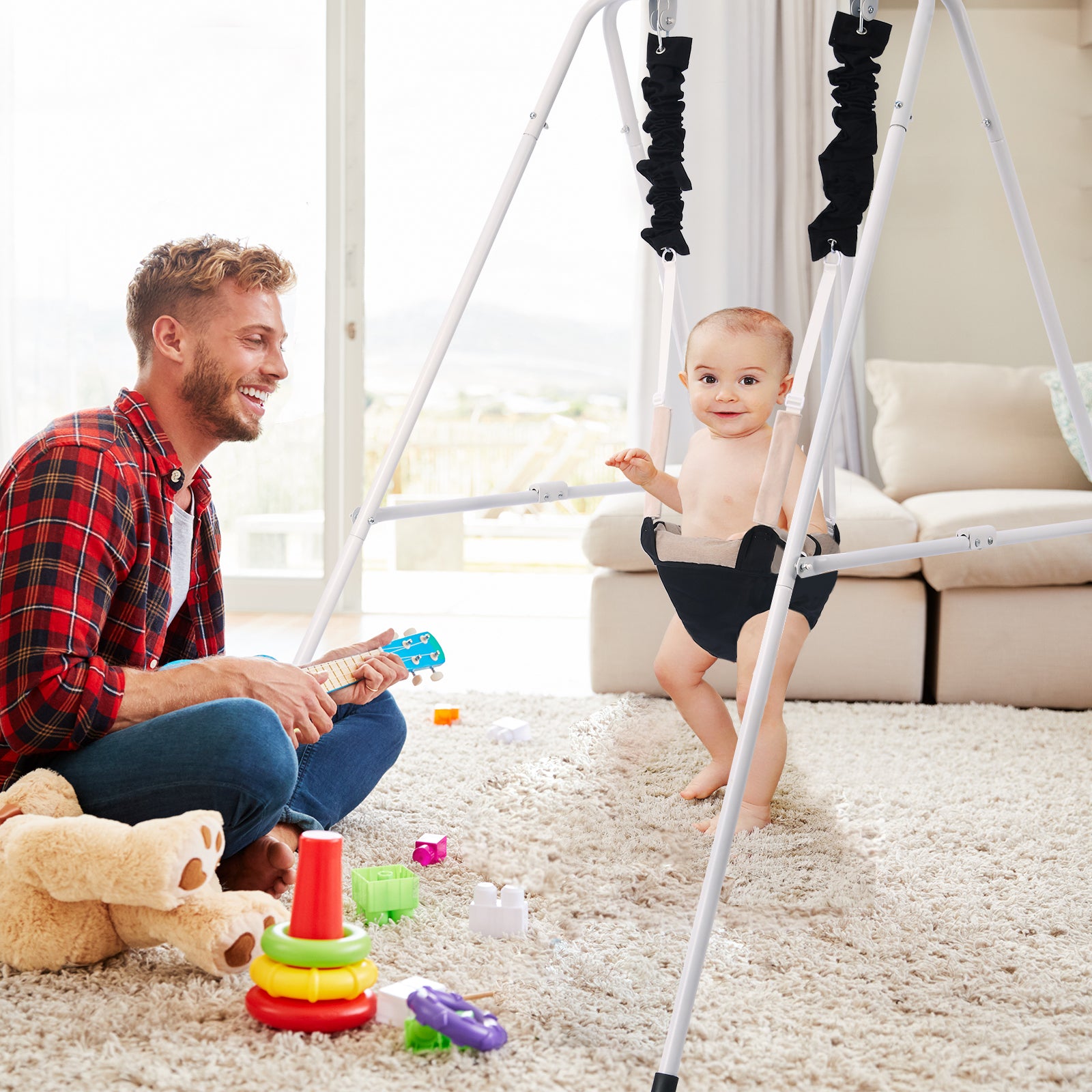 Upgraded Baby Jumper with Foldable Stand, Infant Jumper for Indoor Outdoor Play