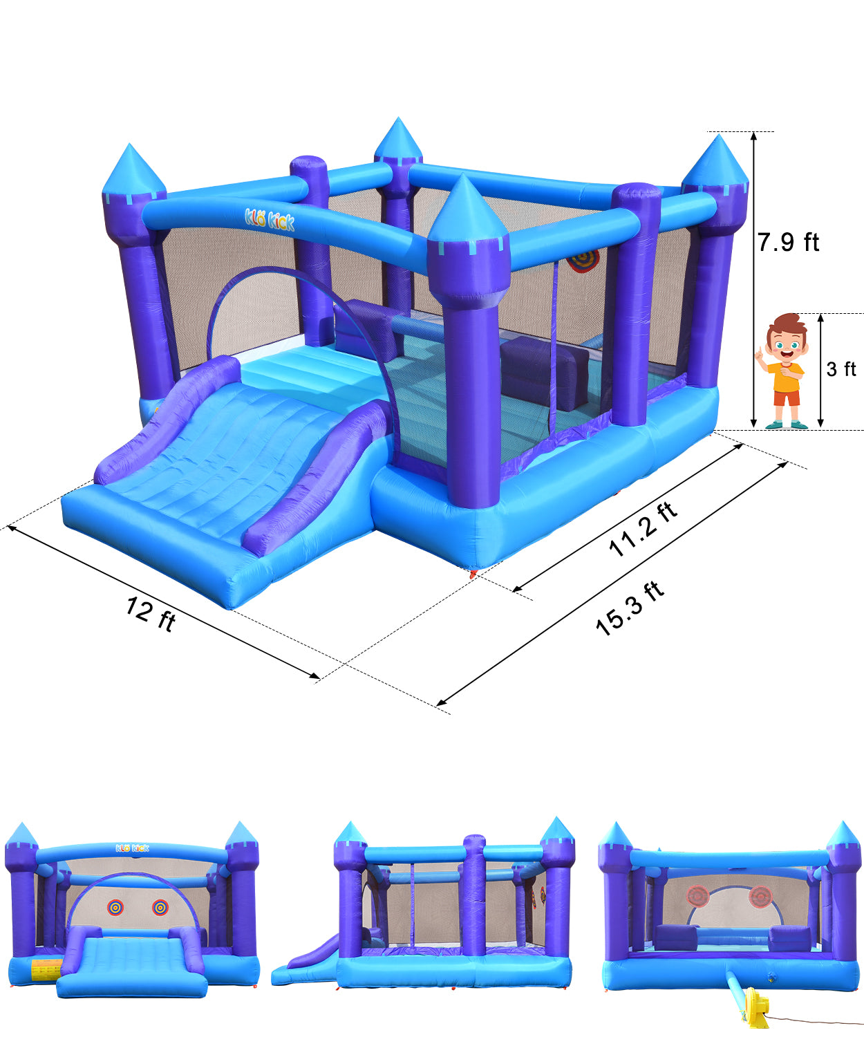 Klo Kick Bounce House for Big Kids 8-12, Inflatable Bouncy Castle 15' x 12' with Blower, Bouncer with Wider Slide