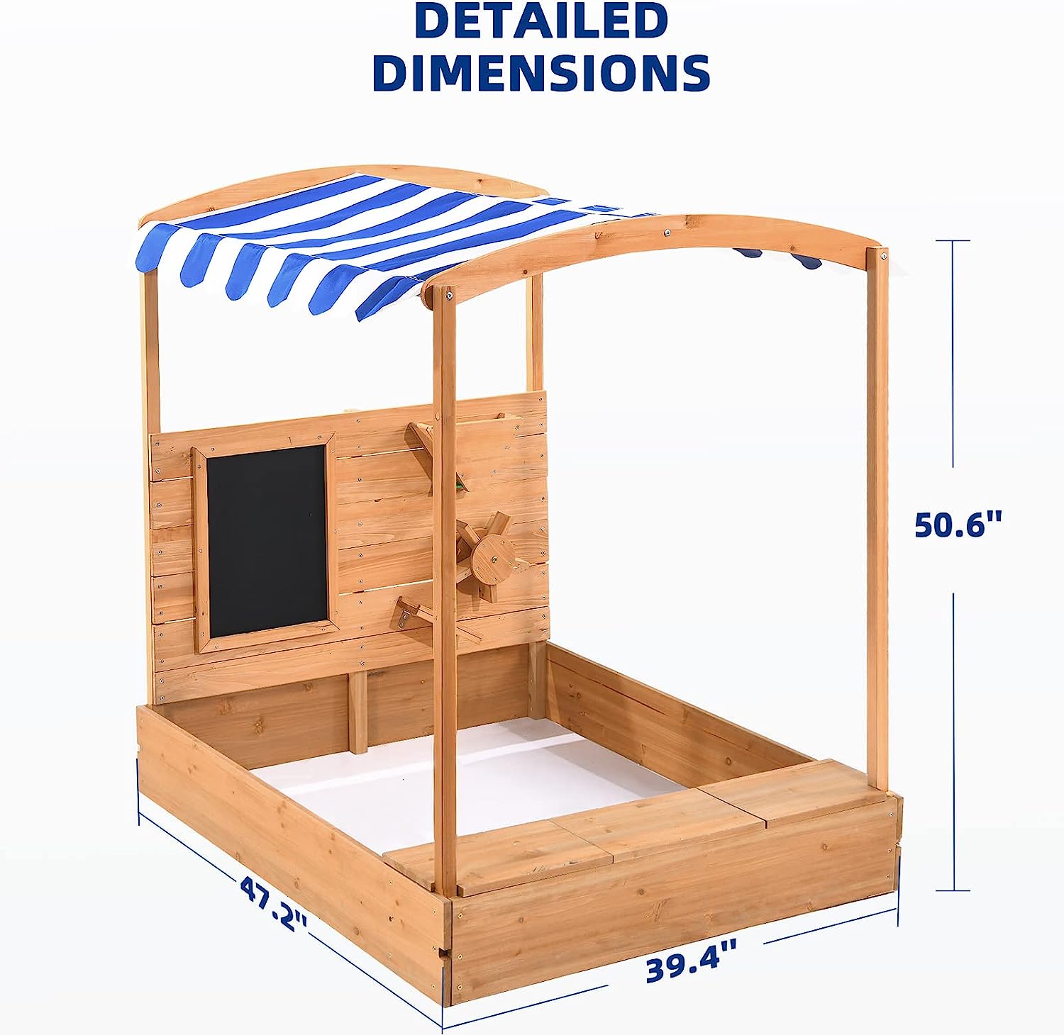 Wooden Sandbox with Cover, Canopy, Blackboard, Sand Funnel and Wheel
