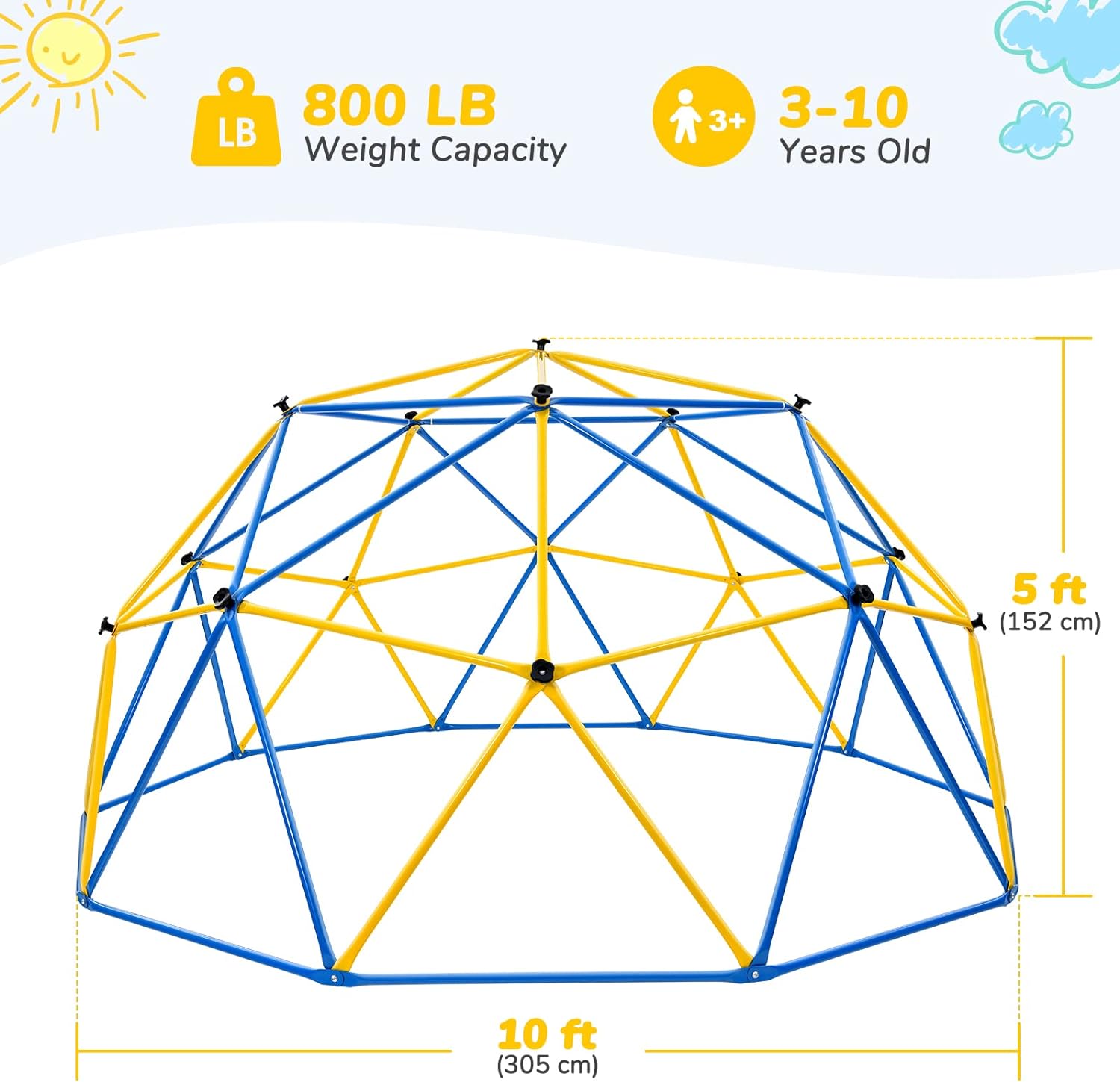 Upgraded 10FT Climbing Dome with Canopy and Swing, Dome Climber for Kids 3 - 10, Weight Capability 800LBS, Rust and UV Resistant Steel