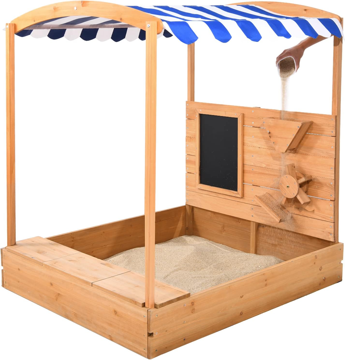 Wooden Sandbox with Cover, Canopy, Blackboard, Sand Funnel and Wheel