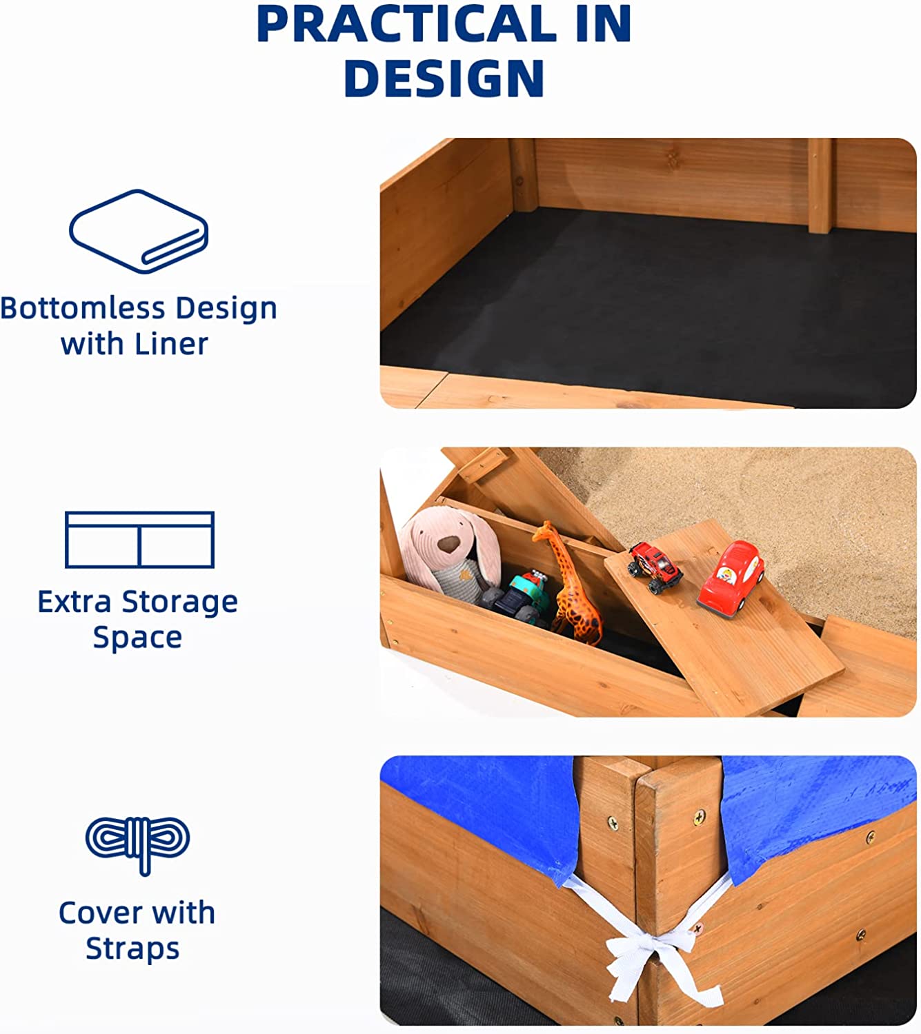 Wooden Sandbox with Cover, Canopy, Blackboard, Sand Funnel and Wheel