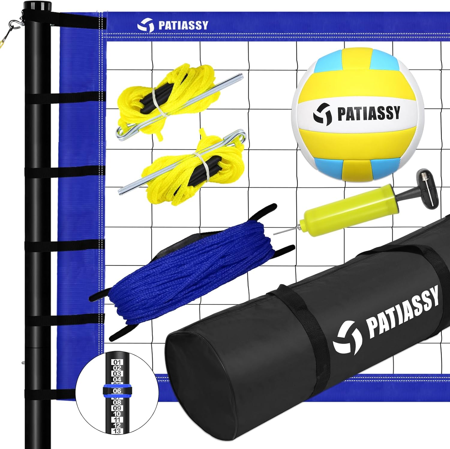 Patiassy Portable Volleyball Net Set System - Adjustable Height Steel Poles, PU Volleyball with Pump