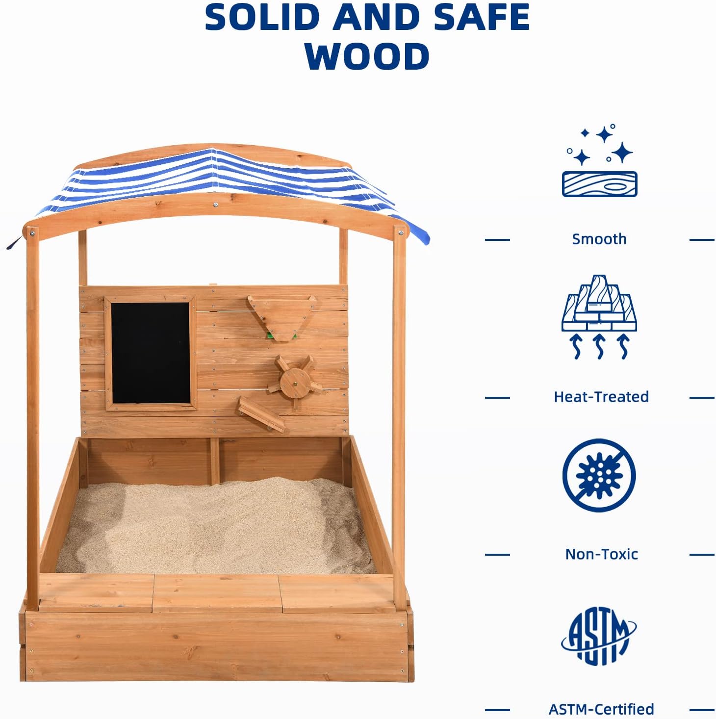 Wooden Sandbox with Cover, Canopy, Blackboard, Sand Funnel and Wheel