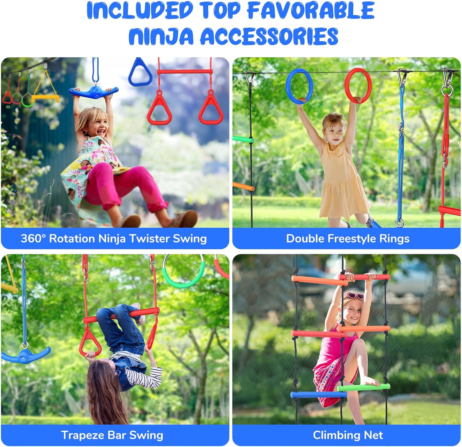 65ft Ninja Warrior Obstacle Course for Kids with Swing, Ninja Rope Course with 11 Obstacles