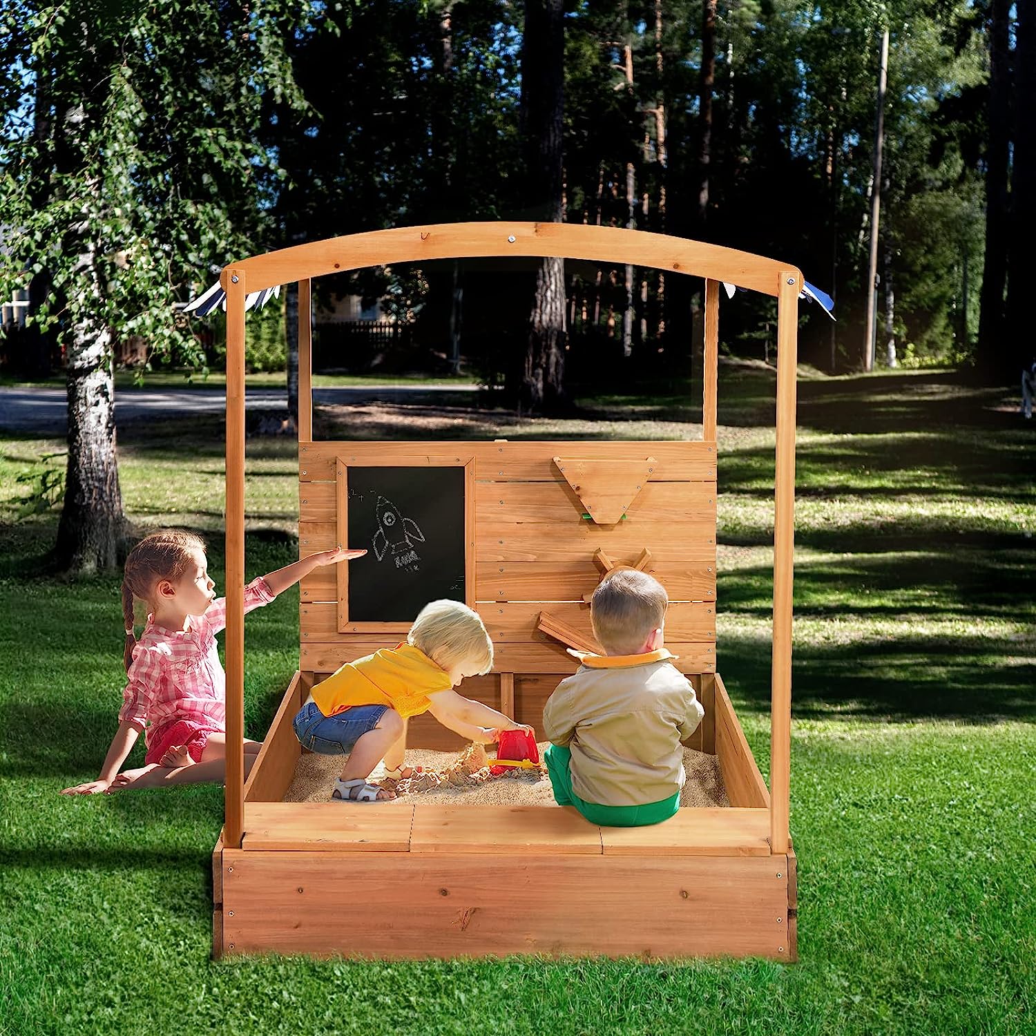 Wooden Sandbox with Cover, Canopy, Blackboard, Sand Funnel and Wheel