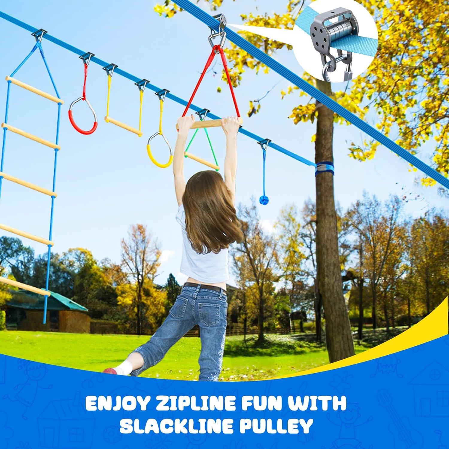 2X50ft Ninja Warrior Obstacle Course for Kids with Pulley