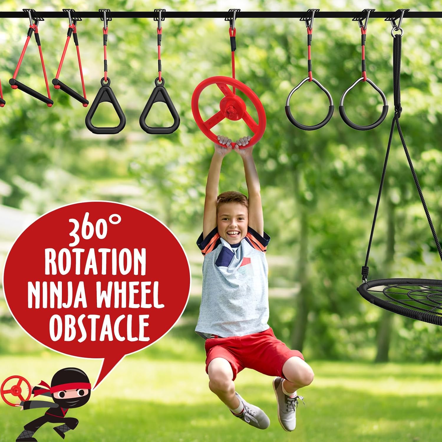50ft Ninja Warrior Obstacle Course for Kids with Swing