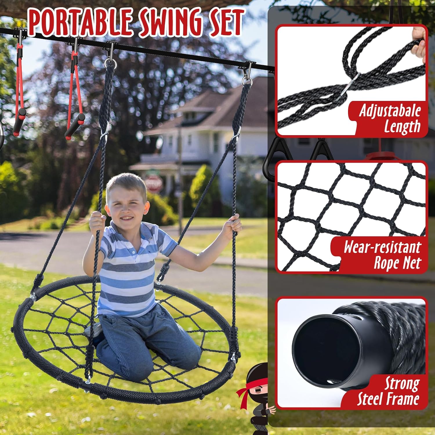 50ft Ninja Warrior Obstacle Course for Kids with Swing