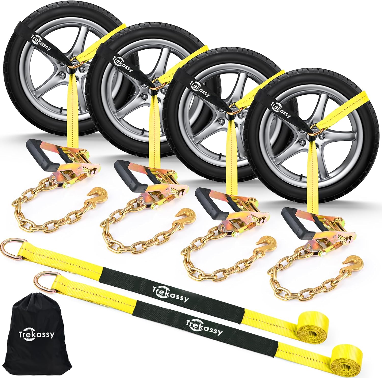 Trekassy 2”x 96” Car Tie Down Tire Straps with 16" Chain Anchors, 3,300lbs Safe Working Load