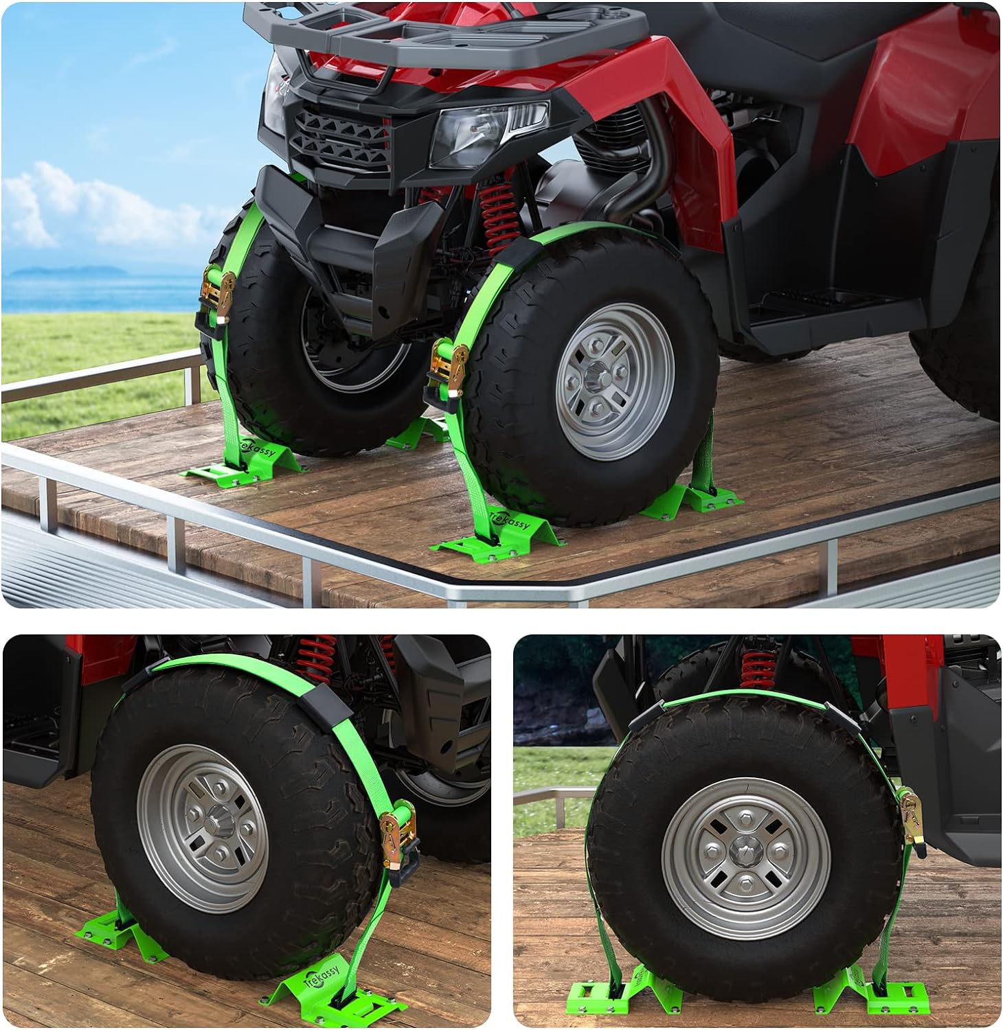 Trekassy Wheel Chock Tie-Down Kit, Heavy Duty E Track Trailer Tie Down Tire Straps for ATV, UTV, Lawn Mower- 2 Pack
