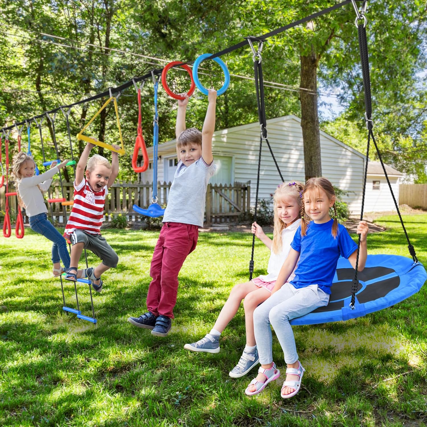 65ft Ninja Warrior Obstacle Course for Kids with Swing, Ninja Rope Course with 11 Obstacles