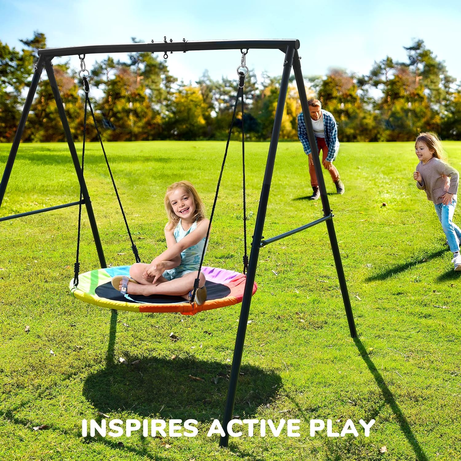 Trekassy 440lbs Swing Set for Backyard with 40 Inch Saucer Tree Swing and A-Frame Metal Swing Stand-Rainbow