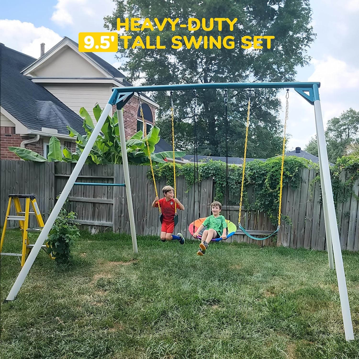 Hapfan 9.5' Heavy Duty Tall Swing Sets for Backyard for Kids and Adults with Saucer Swing, 2 Belt Swings