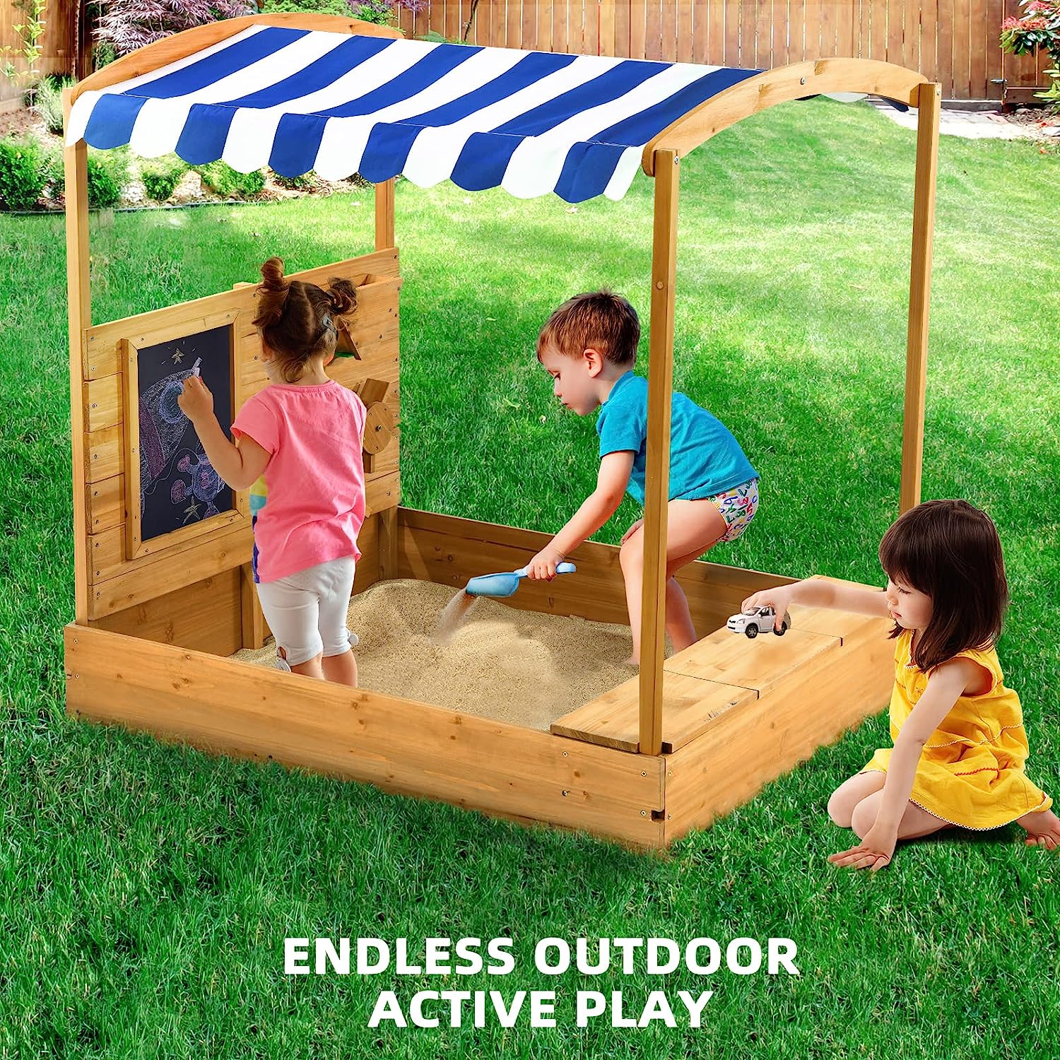 Wooden Sandbox with Cover, Canopy, Blackboard, Sand Funnel and Wheel