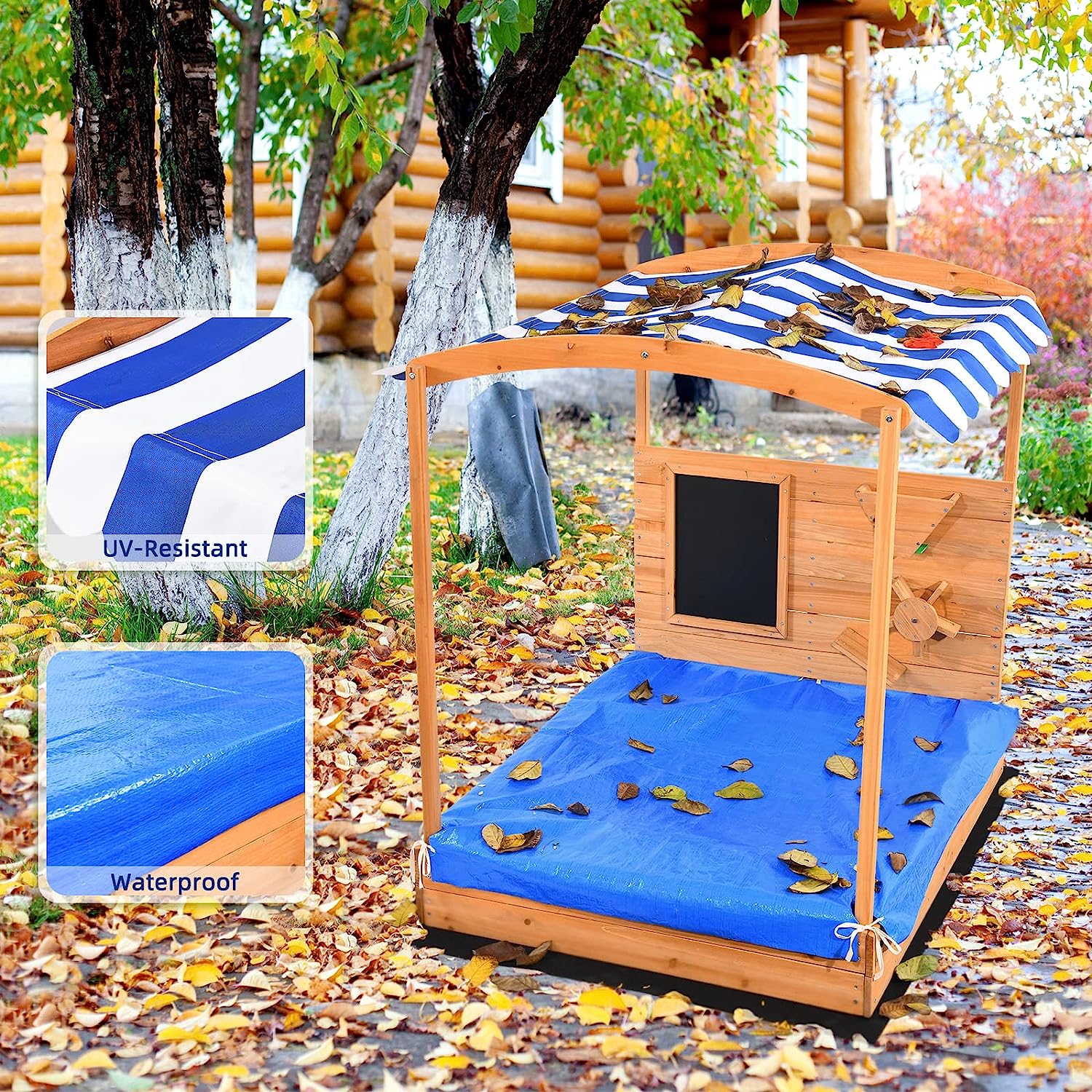 Wooden Sandbox with Cover, Canopy, Blackboard, Sand Funnel and Wheel