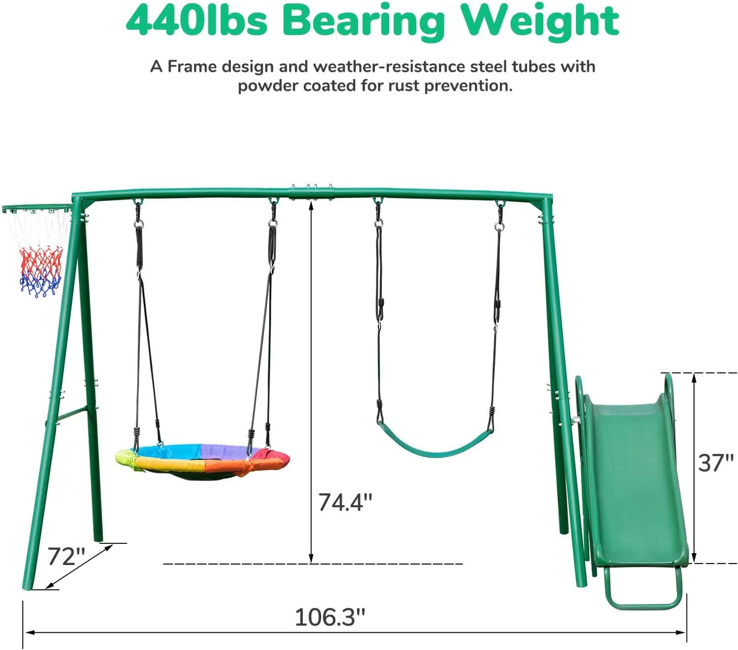 Swing Sets for Backyard with Slide, Metal Swing Stand, Saucer Swing, Belt Swing,Basketball Hoop.