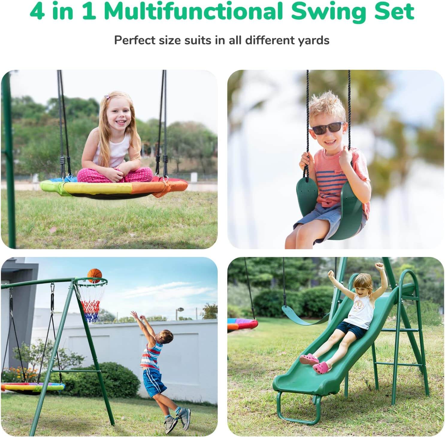 Swing Sets for Backyard with Slide, Metal Swing Stand, Saucer Swing, Belt Swing,Basketball Hoop.