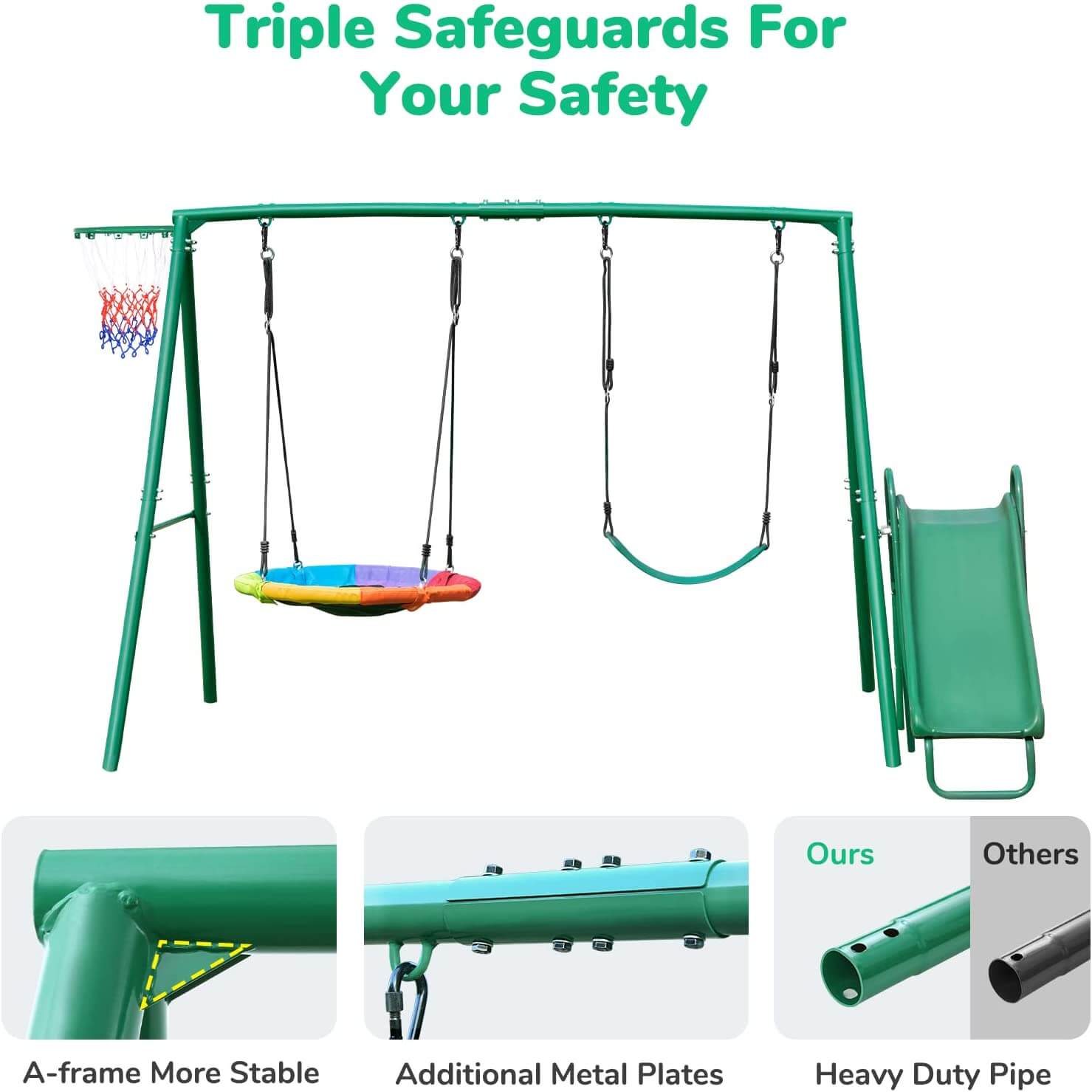 Swing Sets for Backyard with Slide, Metal Swing Stand, Saucer Swing, Belt Swing,Basketball Hoop.