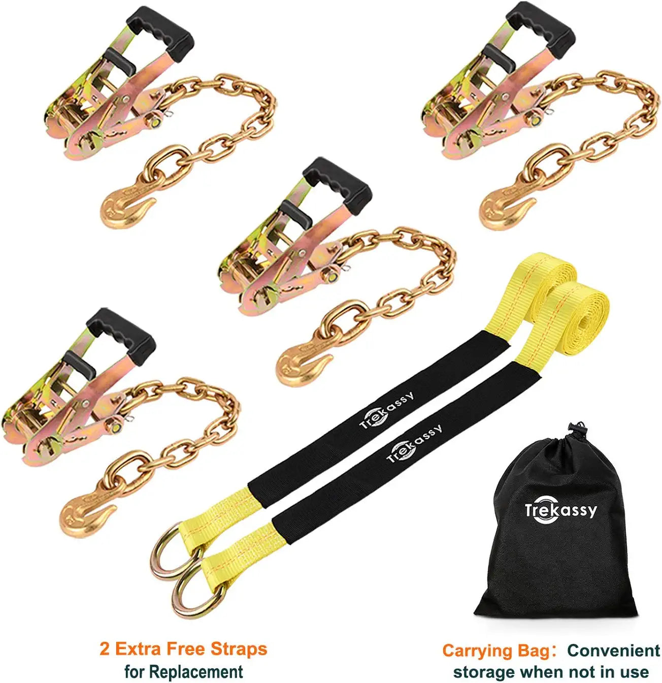 Trekassy 2”x 96” Car Tie Down Tire Straps with 16" Chain Anchors, 3,300lbs Safe Working Load.