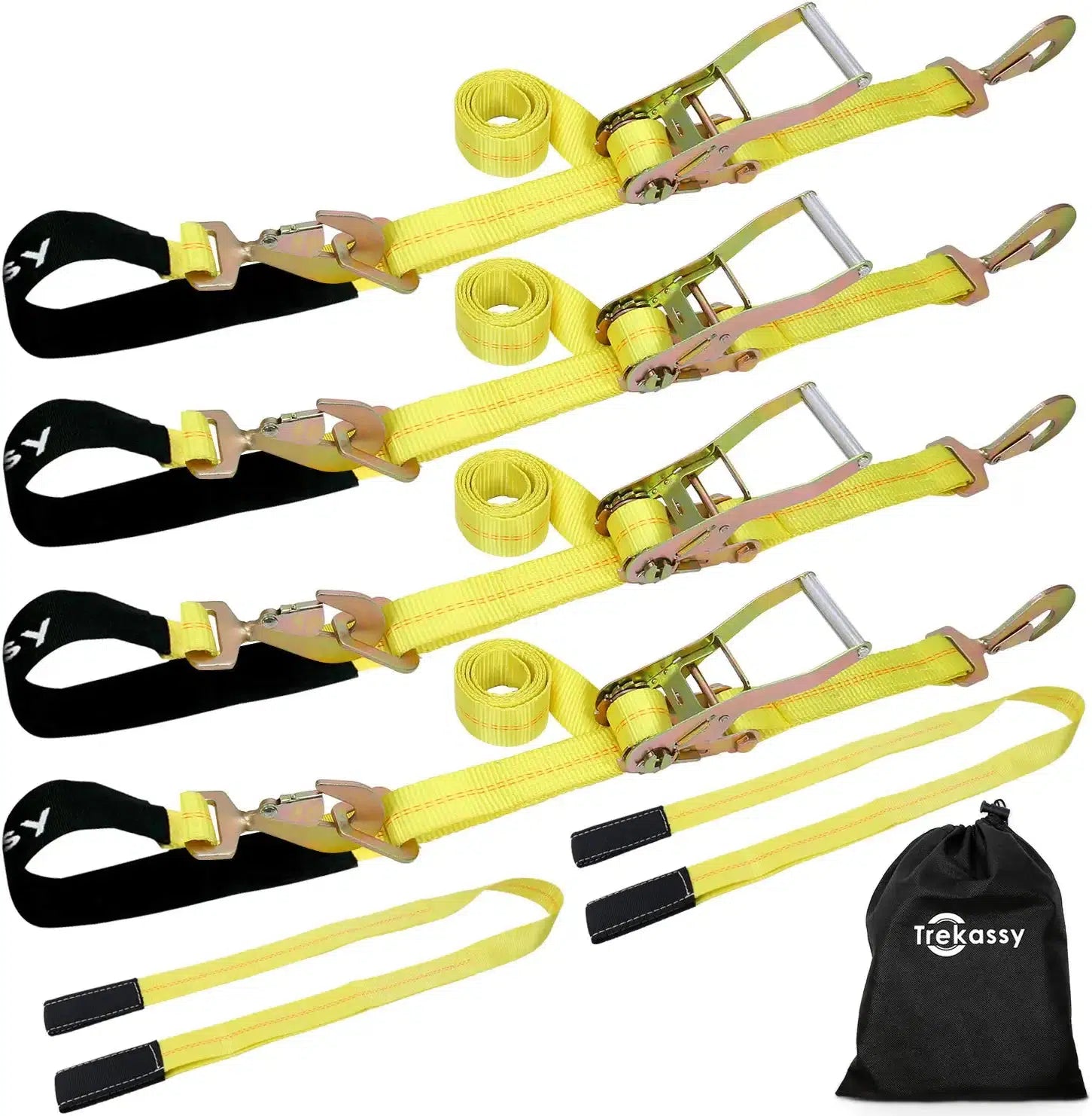 Trekassy 4 Pack 2” x 114” Car Axle Straps Ratchet Tie Downs System with Snap Hooks, 2 Free Lift Sling Straps, 3,333lbs Safe Working Load.