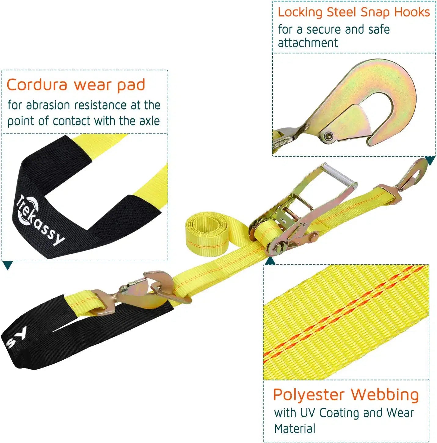 Trekassy 4 Pack 2” x 114” Car Axle Straps Ratchet Tie Downs System with Snap Hooks, 2 Free Lift Sling Straps, 3,333lbs Safe Working Load.