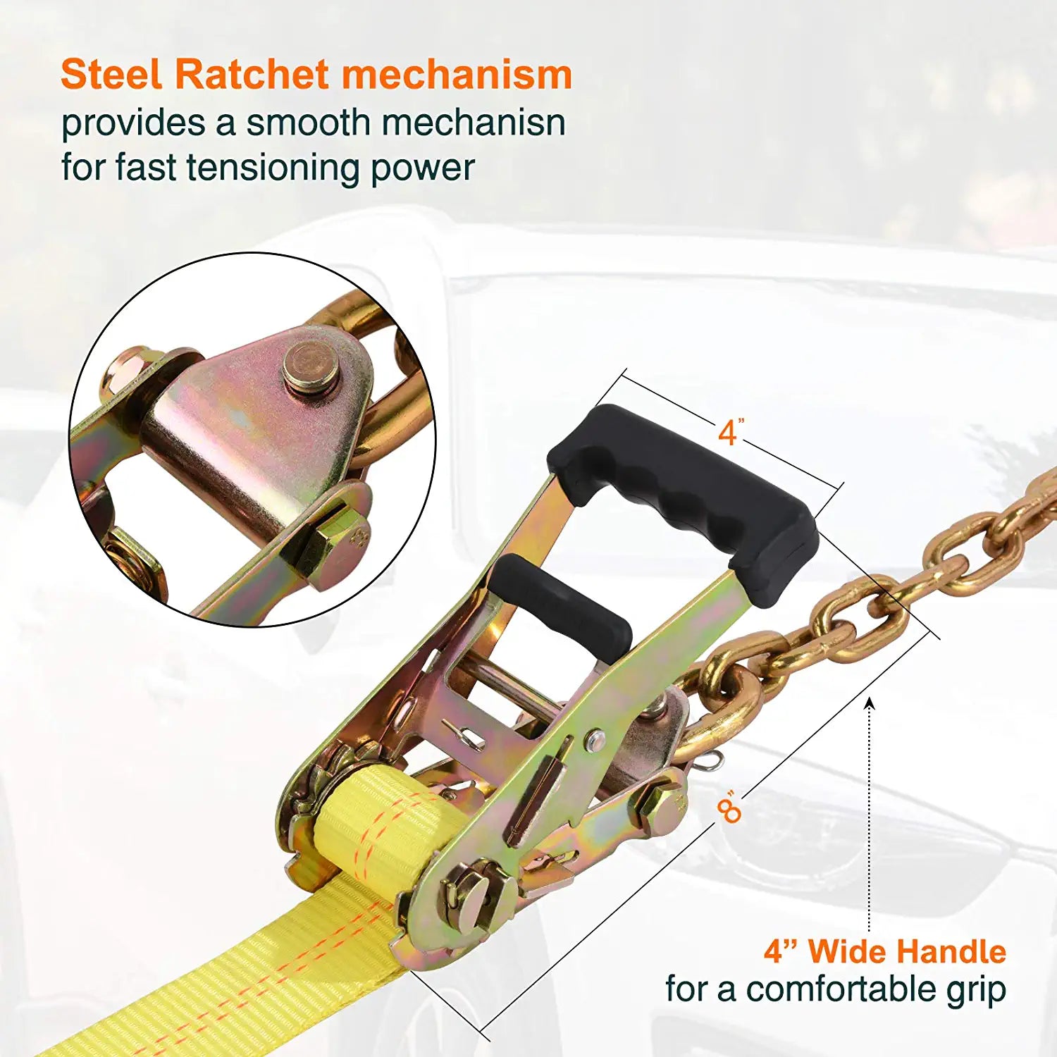 Trekassy 2”x 96” Car Tie Down Tire Straps with 16" Chain Anchors, 3,300lbs Safe Working Load.