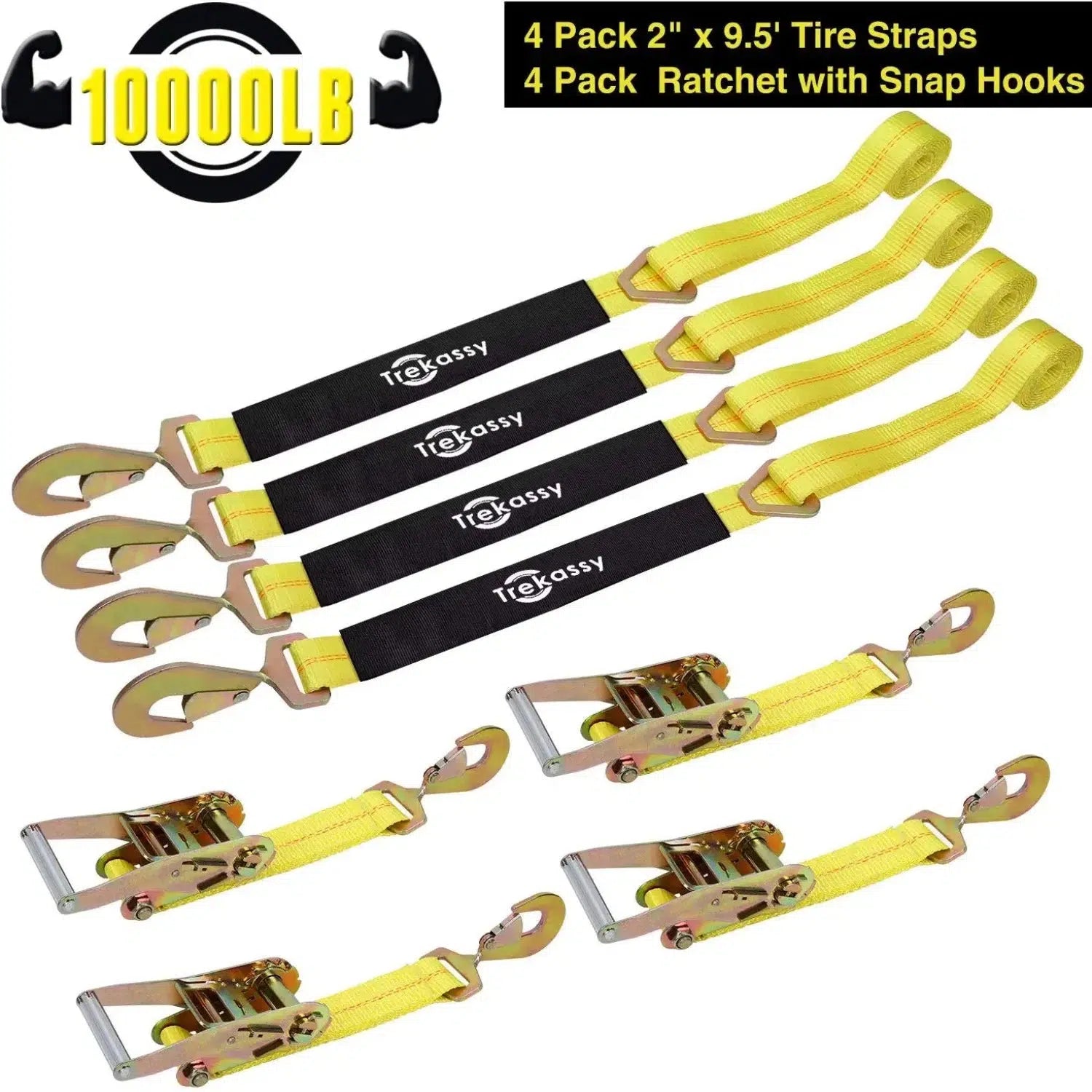Trekassy 4 Pack 2” x 114” Car Axle Straps Ratchet Tie Downs System with Snap Hooks, 2 Free Lift Sling Straps, 3,333lbs Safe Working Load.