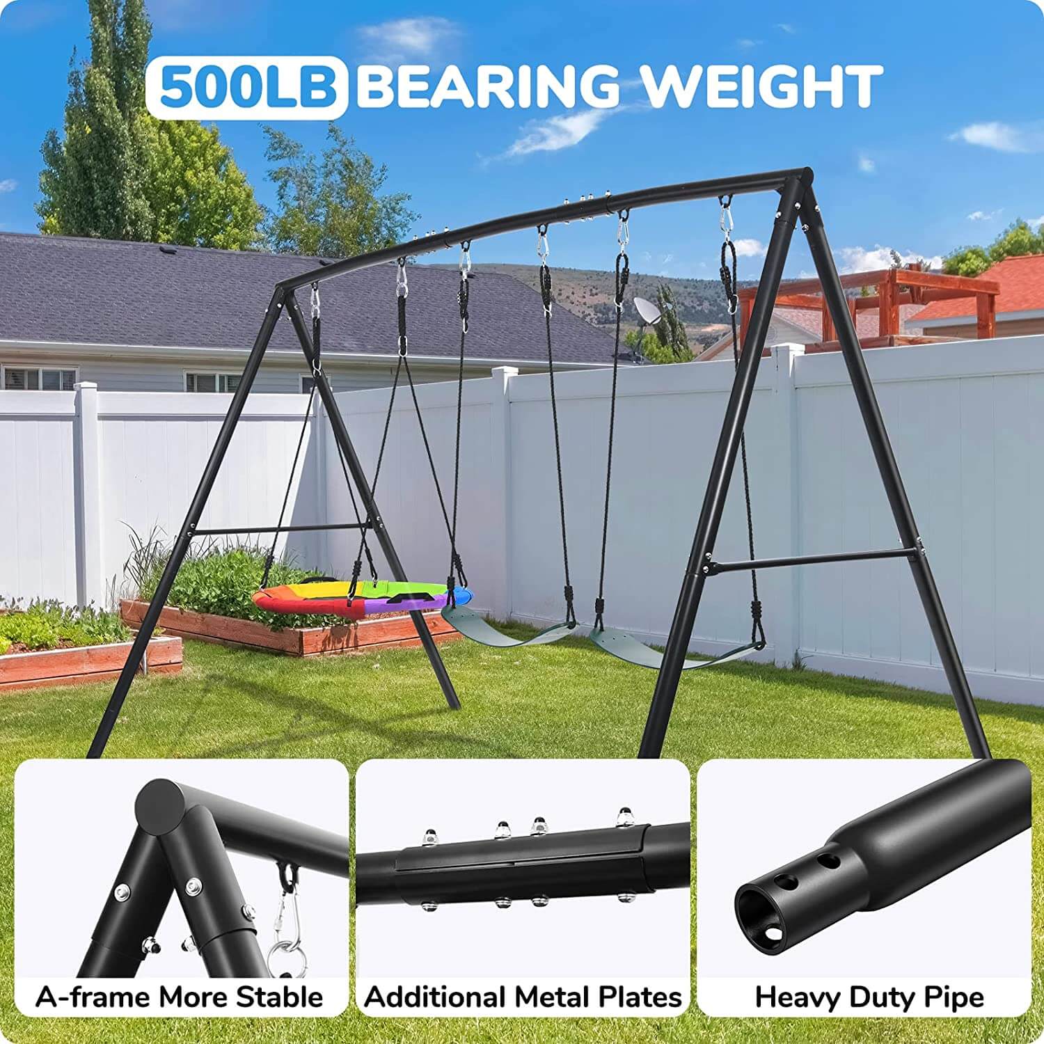 500lb A Frame Swing Set for Backyard with Saucer Swing, 2 Belt Swings