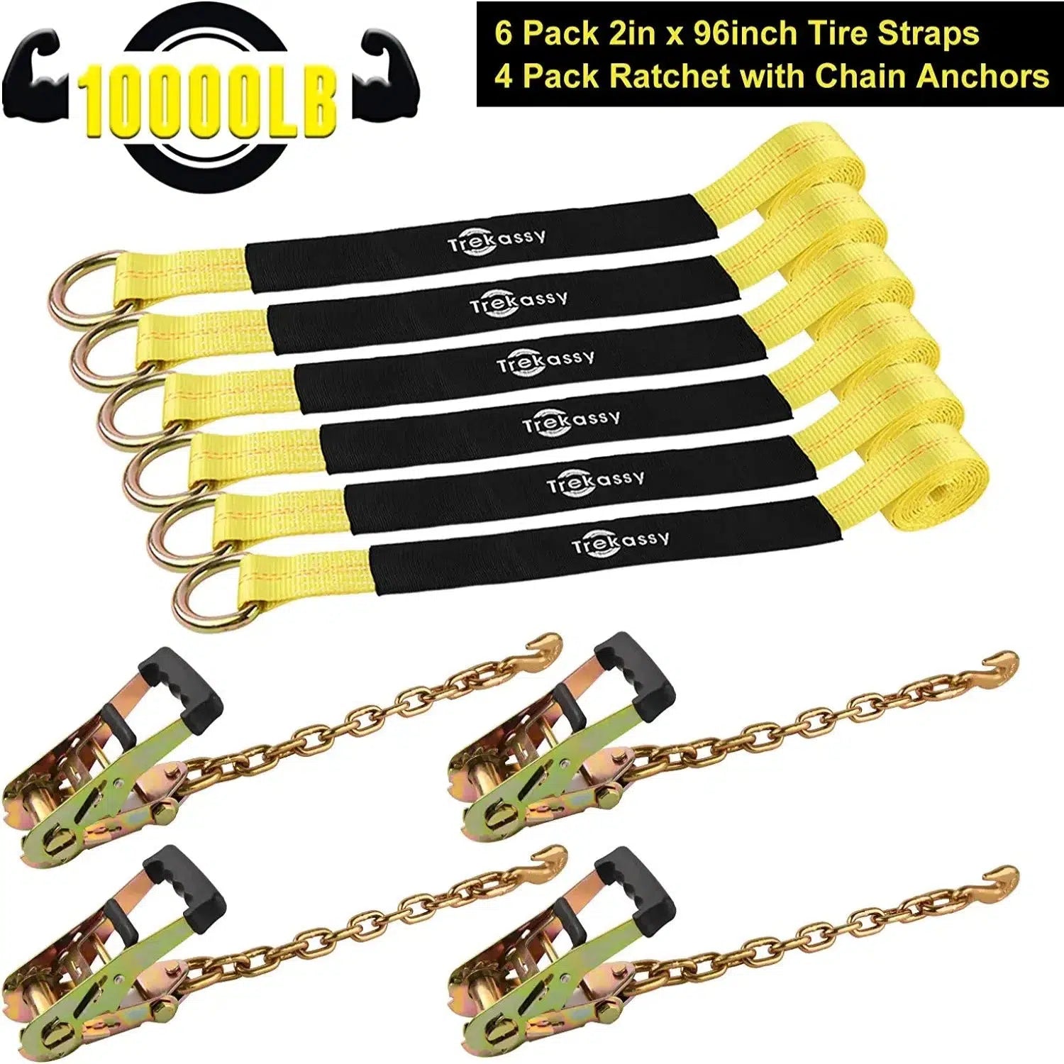 Trekassy 2”x 96” Car Tie Down Tire Straps with 16" Chain Anchors, 3,300lbs Safe Working Load.