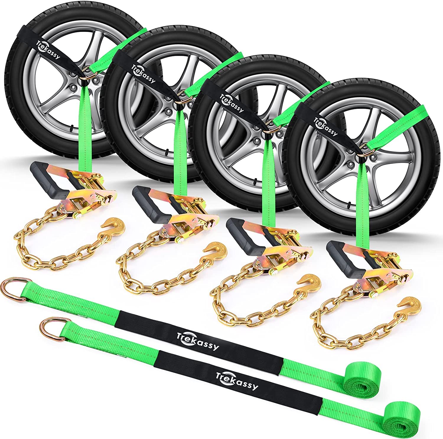 Trekassy 2”x 96” Car Tie Down Tire Straps with 16" Chain Anchors, 3,300lbs Safe Working Load