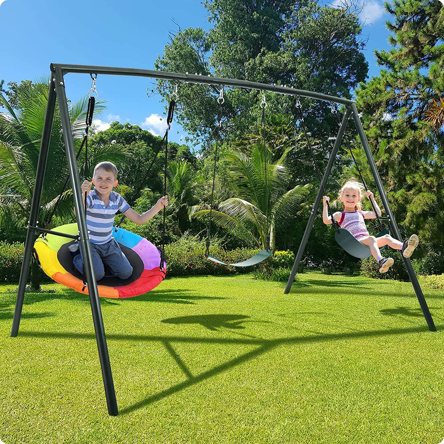 500lb A Frame Swing Set for Backyard with Saucer Swing, 2 Belt Swings