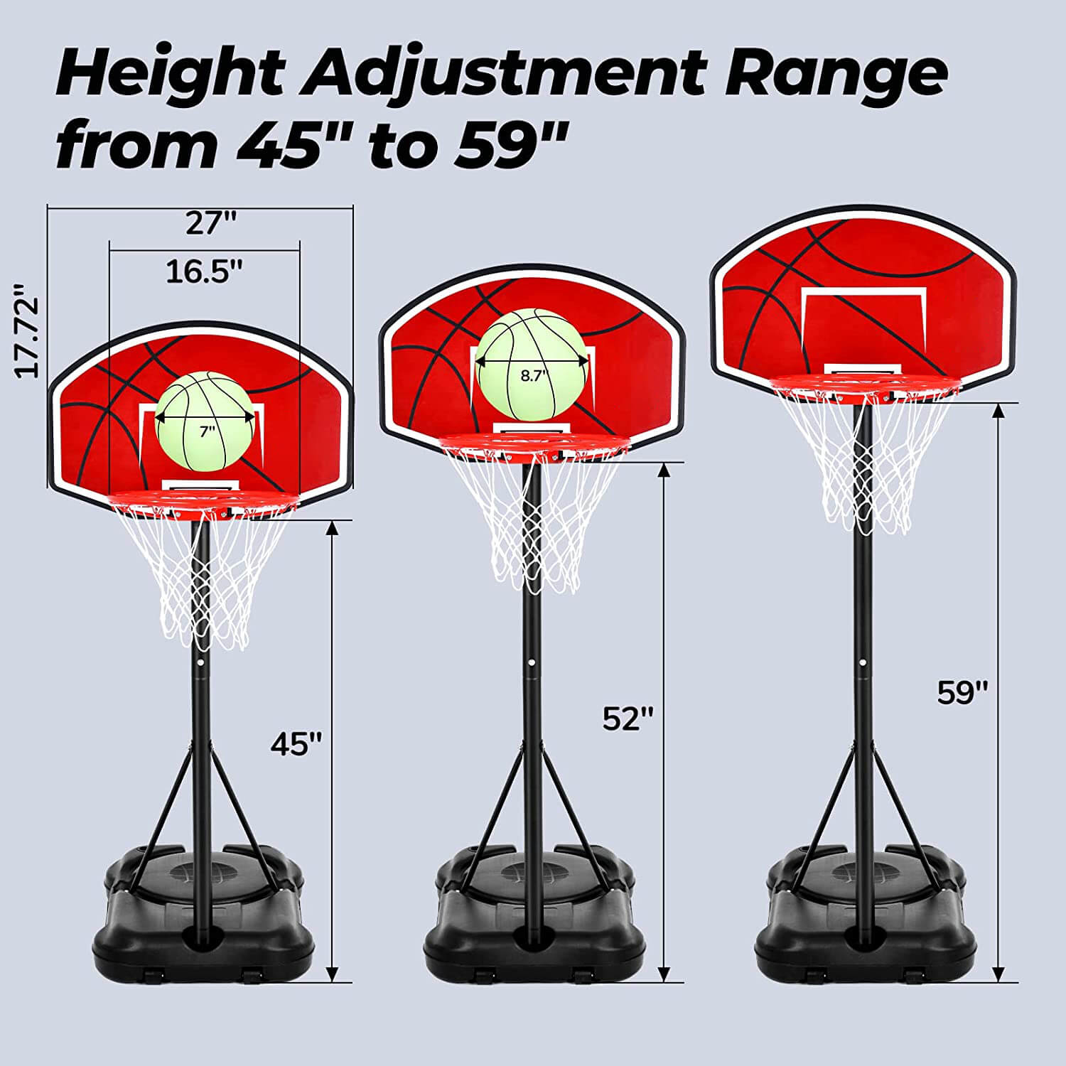 Poolside Basketball Hoop with Light 45’’-59’’ Adjustable Height Swimming Pool Basketball Hoop System with 2 Balls and Pump