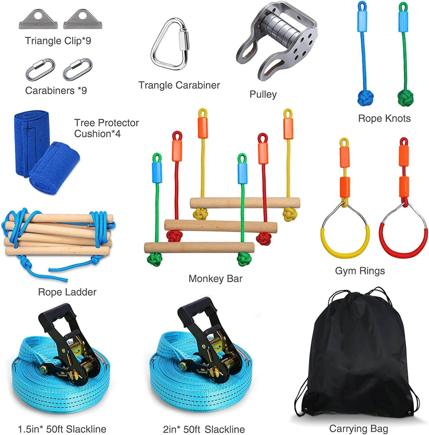 Ninja Warrior Obstacle Course 2X50ft for Kids with Pulley.
