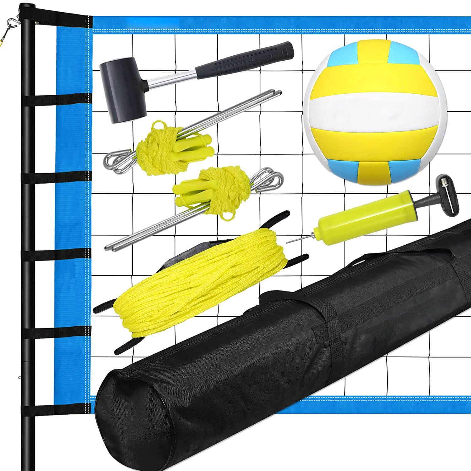 Patiassy Portable Volleyball Net Set System - Adjustable Height Steel Poles, PU Volleyball with Pump