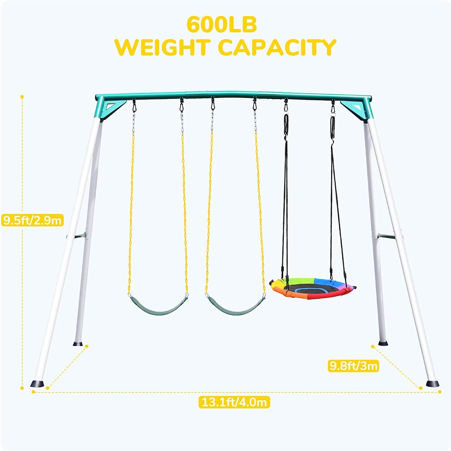 600lb weight capacity Swing Sets for Backyard with Saucer Swing, 2 Belt Swings.