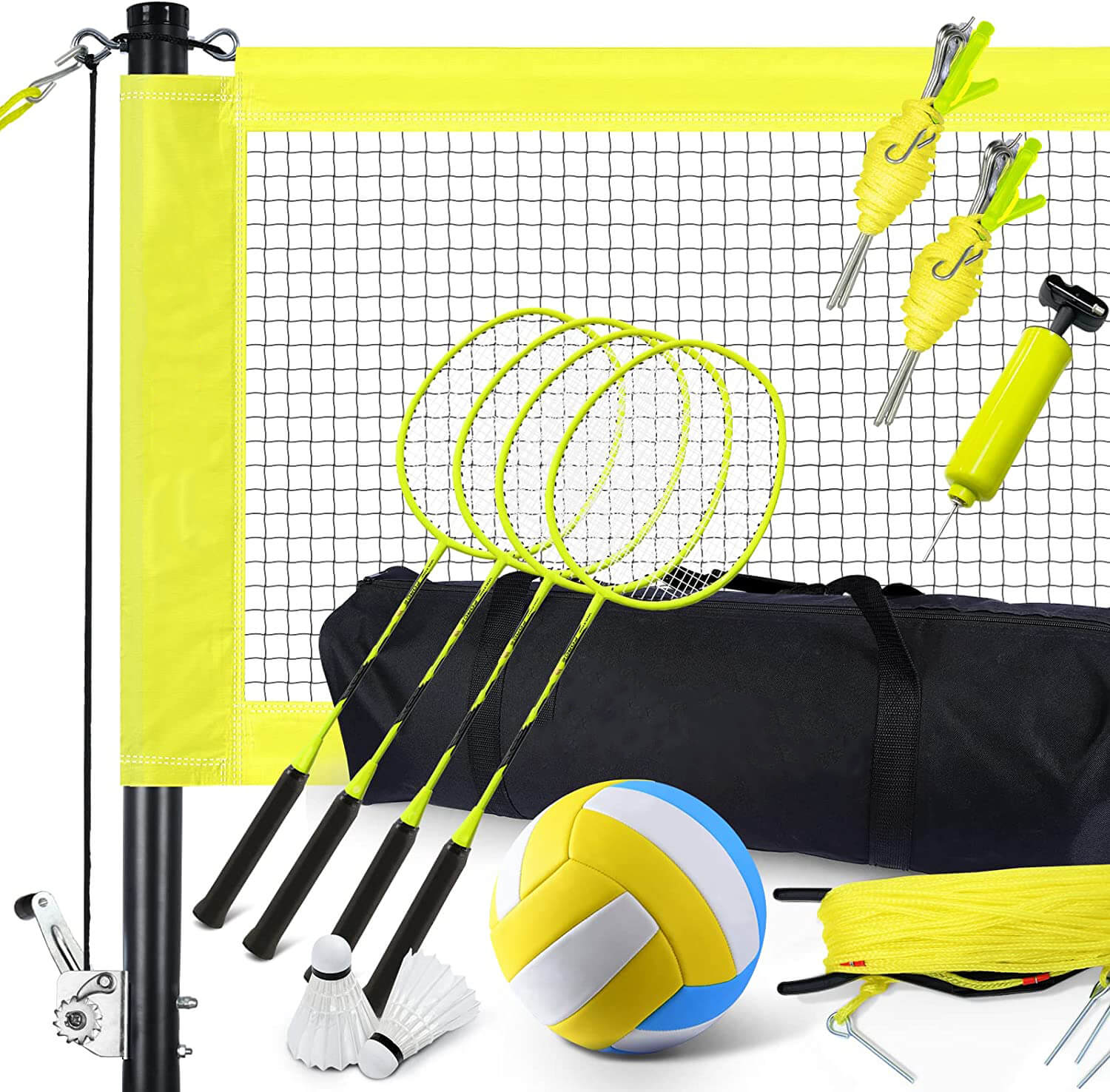 Patiassy Volleyball Badminton Combo Set with Winch System Portable Outdoor Volleyball Net for Backyard