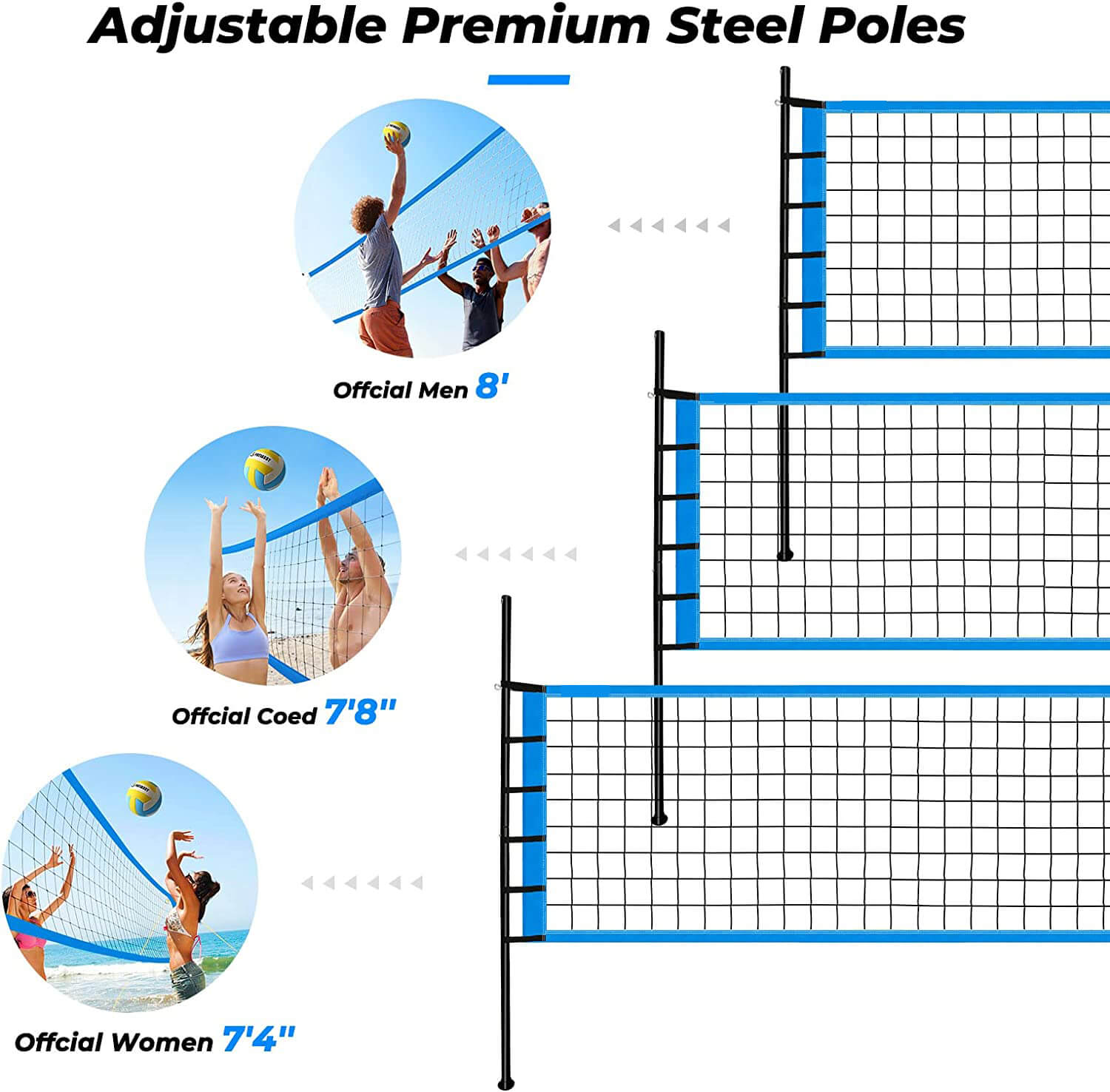 Patiassy Portable Volleyball Net Set System - Adjustable Height Steel Poles, PU Volleyball with Pump