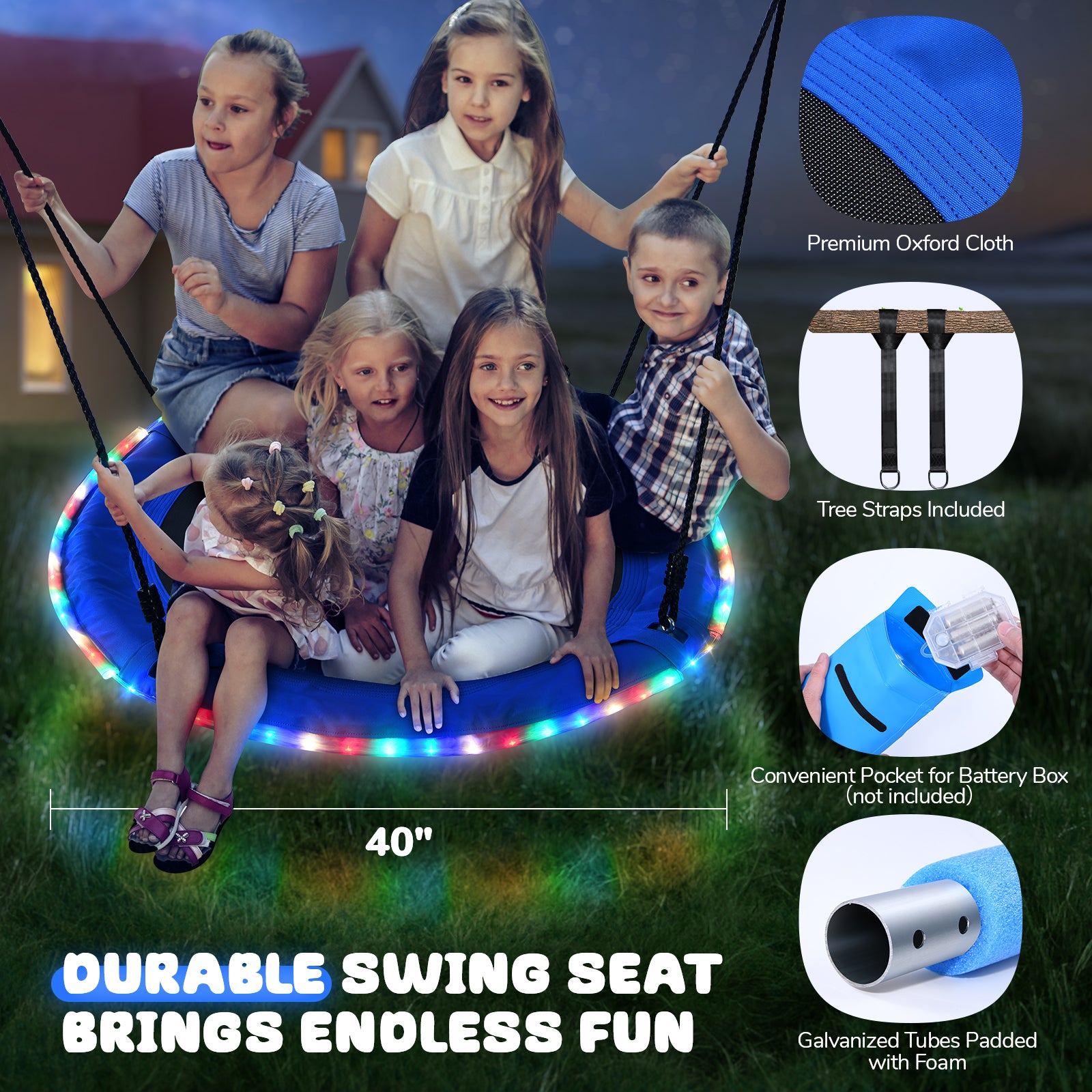 Trekassy 700lbs 40” Saucer Tree Swing with LED Lights for Kids Adults Outdoor-Blue