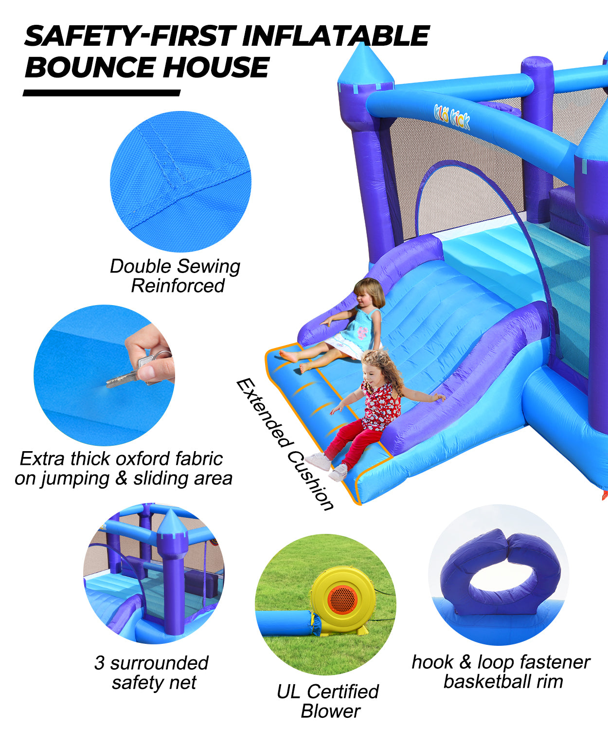 Klo Kick Bounce House for Big Kids 8-12, Inflatable Bouncy Castle 15' x 12' with Blower, Bouncer with Wider Slide