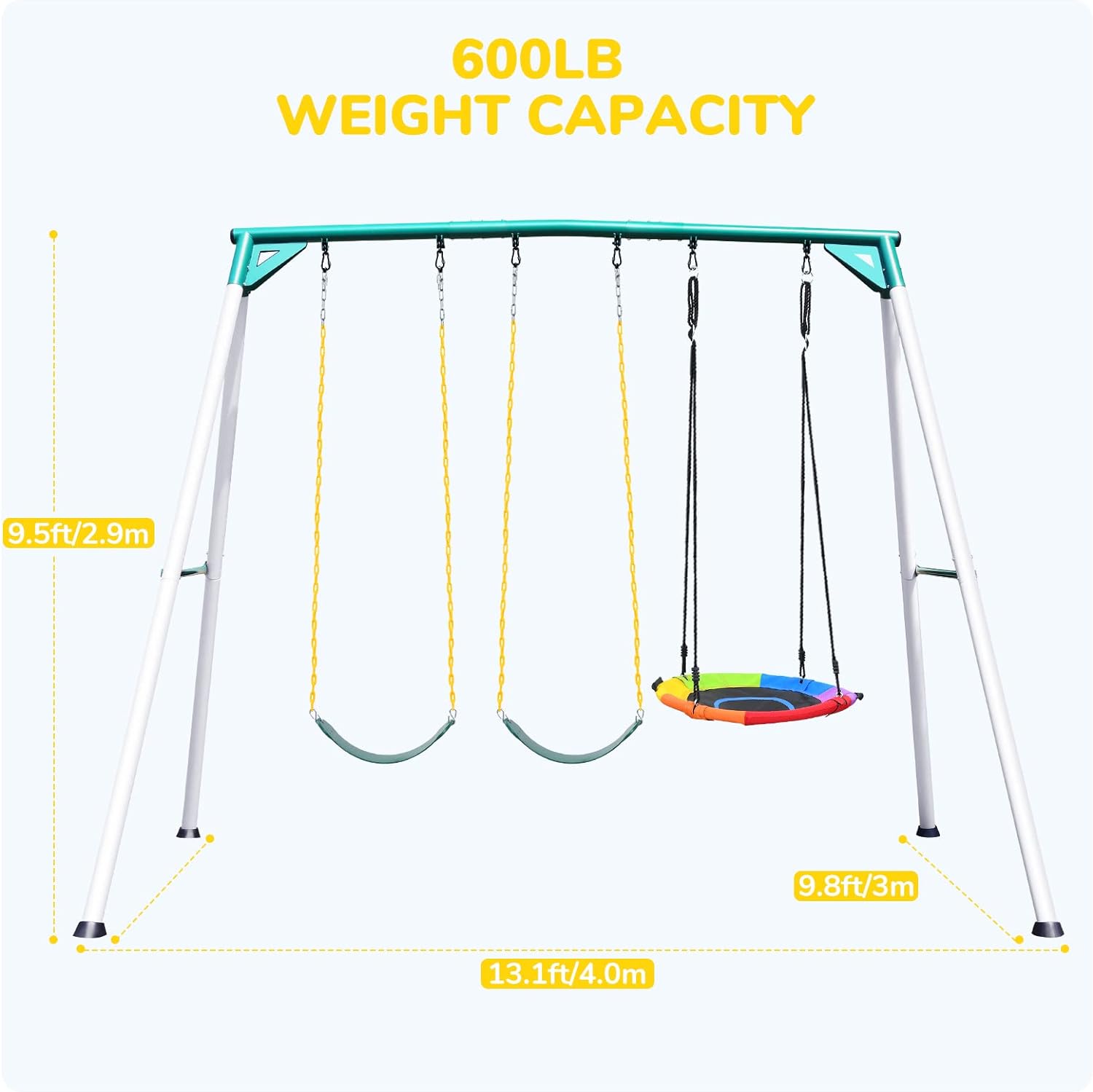 Hapfan 9.5' Heavy Duty Tall Swing Sets for Backyard for Kids and Adults with Saucer Swing, 2 Belt Swings