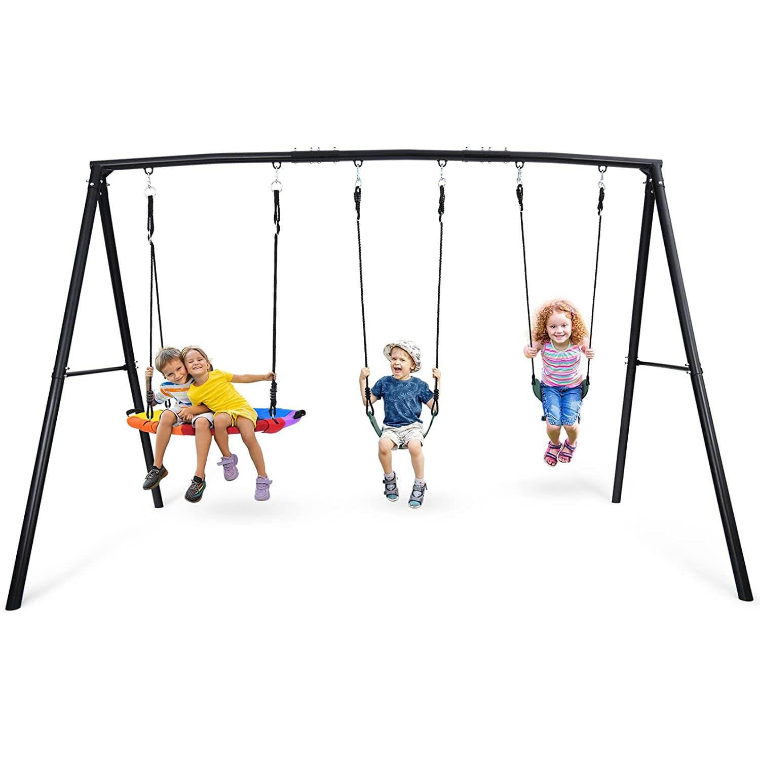 500lb A Frame Swing Set for Backyard with Saucer Swing, 2 Belt Swings