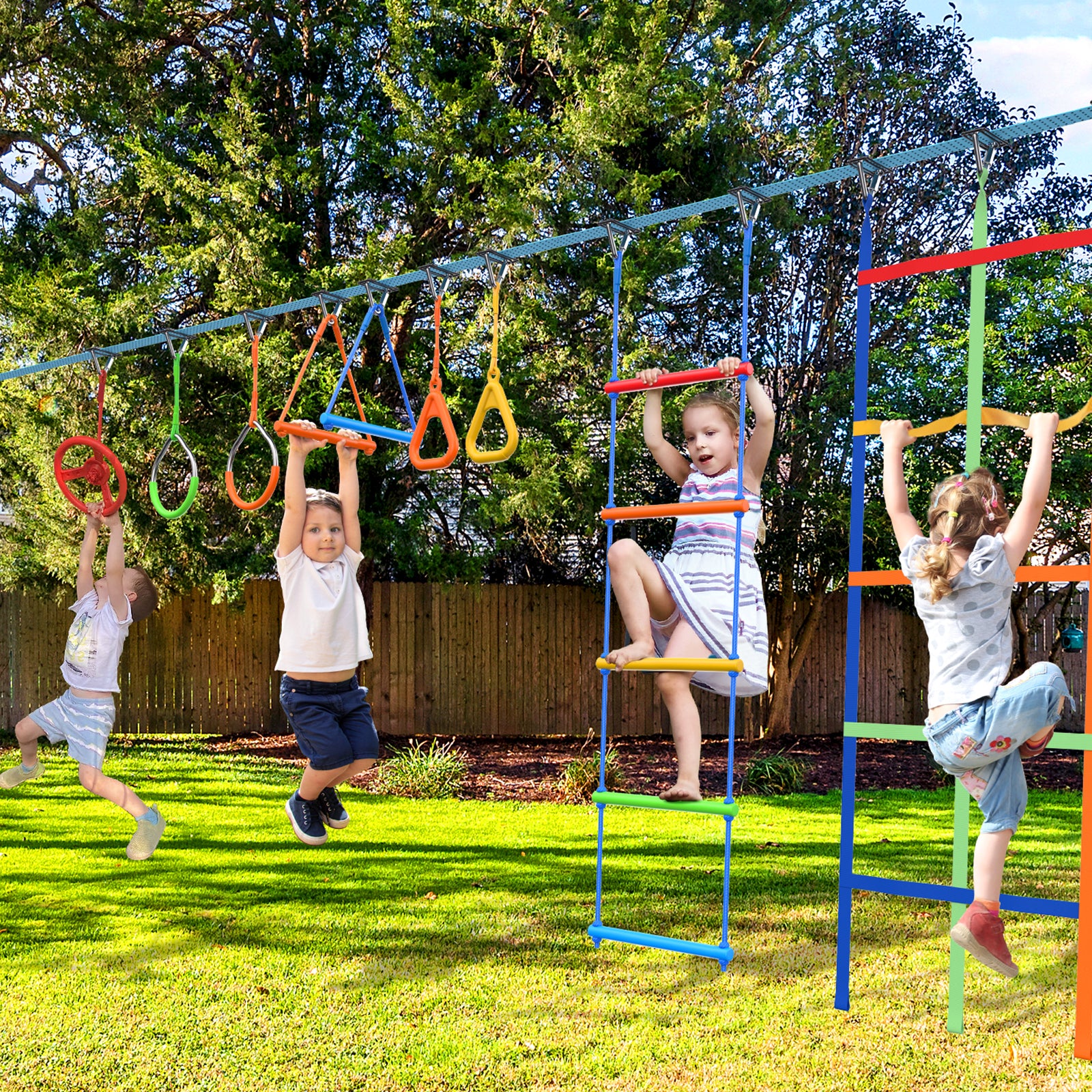 50ft Ninja Warrior Obstacle Course for Kids with Swing, Ninja Rope Course with 10 Obstacles