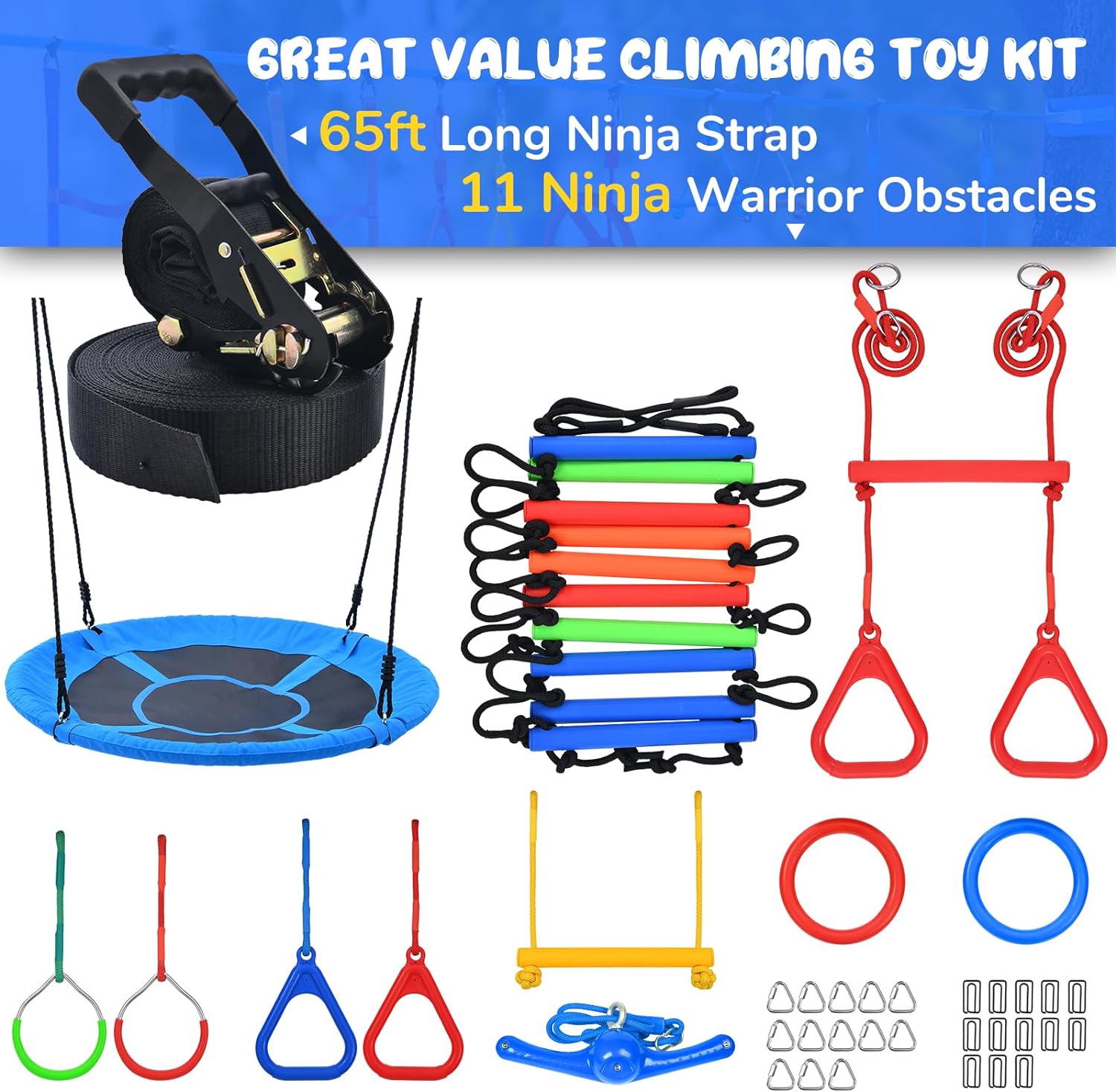 65ft Ninja Warrior Obstacle Course for Kids with Swing, Ninja Rope Course with 11 Obstacles