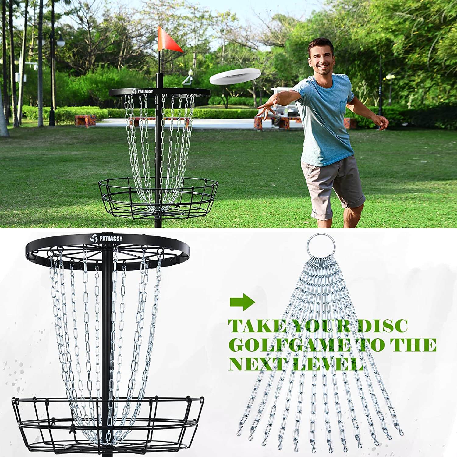 Patiassy Disc Golf Basket with 24/12 Chains for Two Difficulty Levels of Practice Portable Golf Target