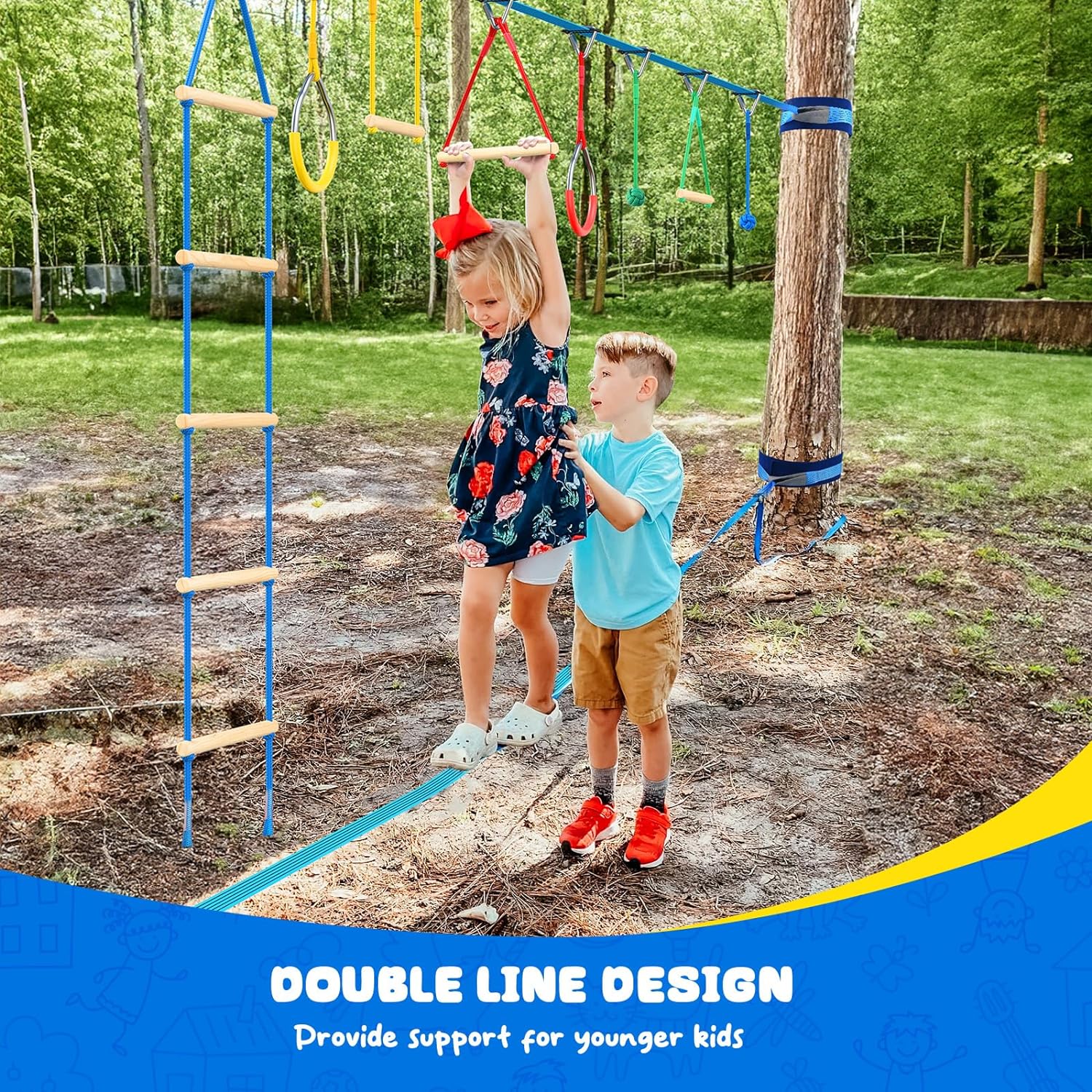 2X50ft Ninja Warrior Obstacle Course for Kids with Pulley
